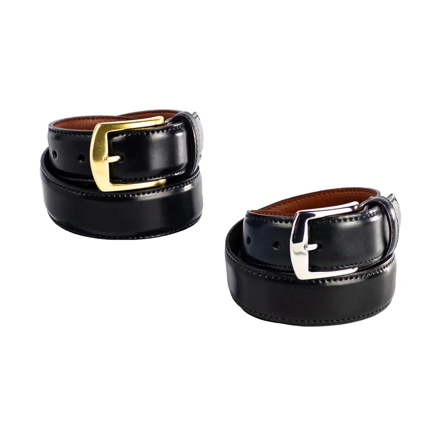 Two Alden Madison MB 0915 - Alden 32mm Black Shell Cordovan Belts, both black with brown inner lining and made in the USA: one has a gold buckle, the other a silver; each is crafted from Horween leather and 32mm wide.