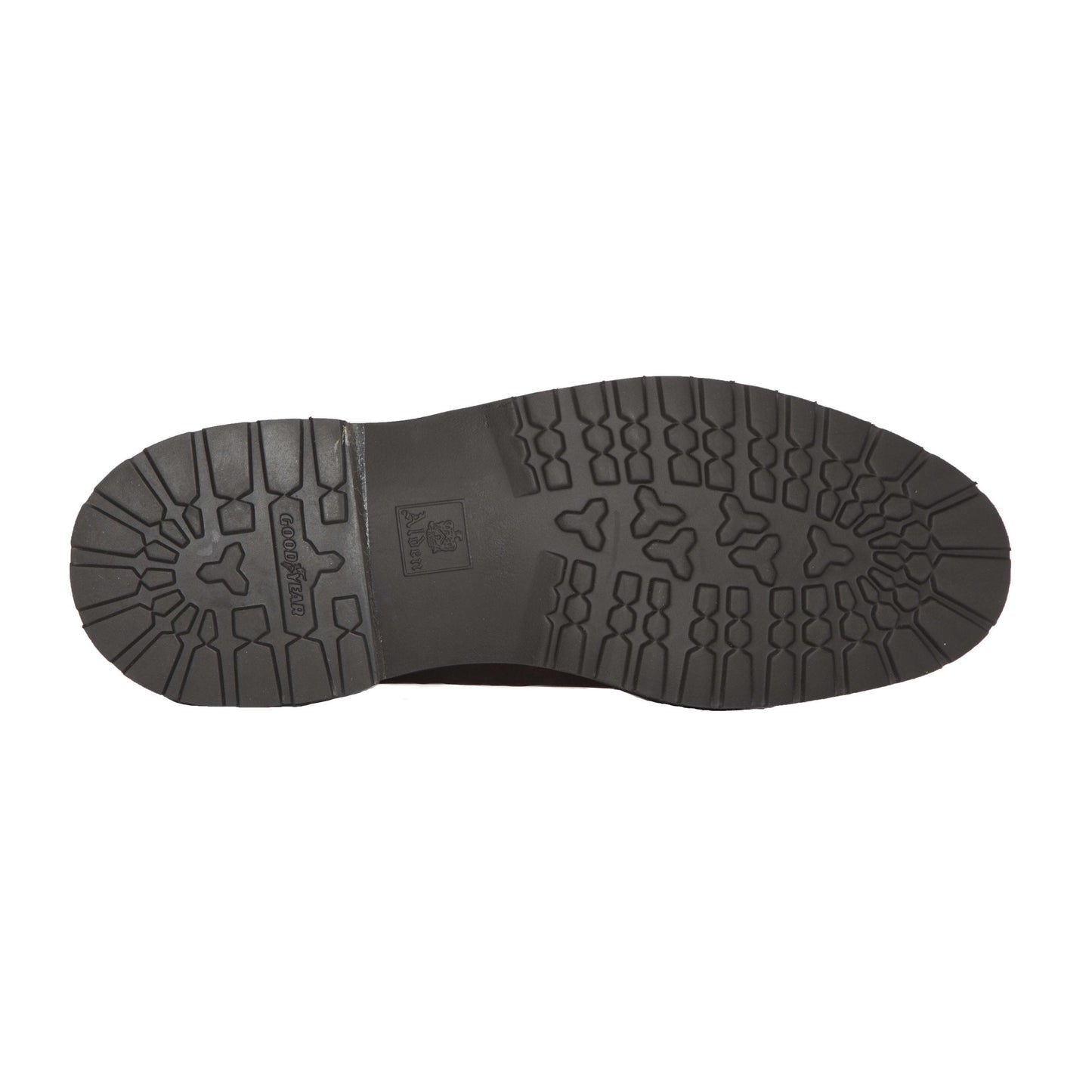 The image features the sole of the Alden Madison 1272S Chukka Boot in Kudu Leather, showcasing a rugged tread pattern with rectangular and cross-shaped grooves, akin to a lug rubber sole, designed for enhanced traction and durability.