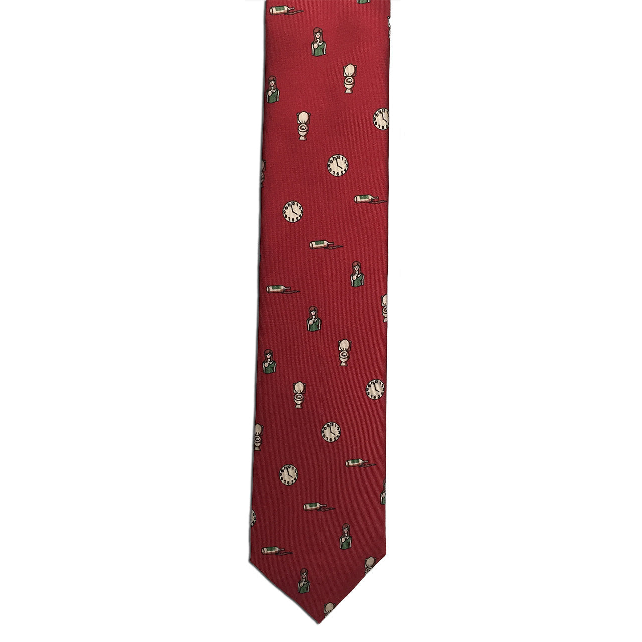 The Alden Madison Vintage Novelty Necktie, named Baseball Score in red, is crafted from fine silk twill and features a pattern of small images.