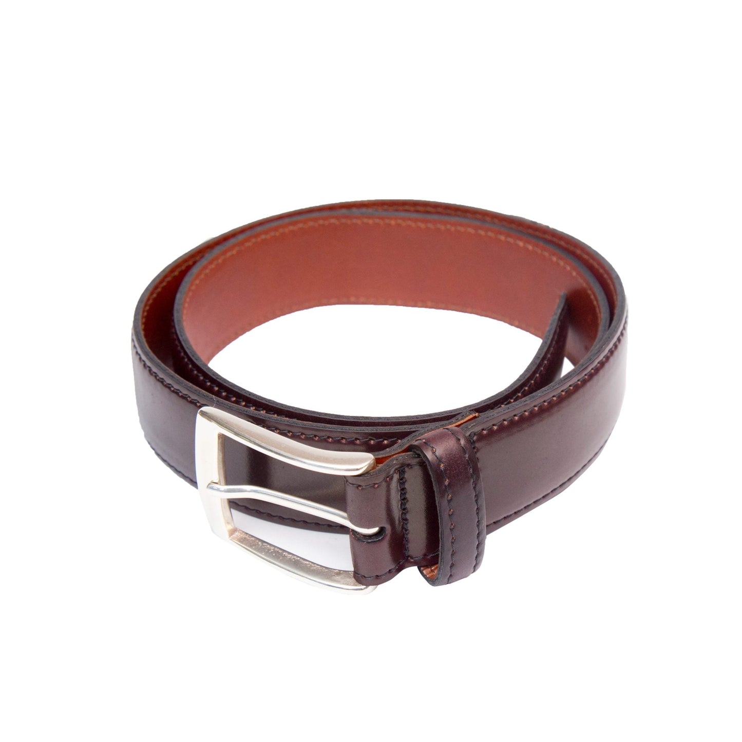 The Alden Madison Color 8 belt, 35mm wide with a nickel buckle, is coiled in a circular shape on a white background.