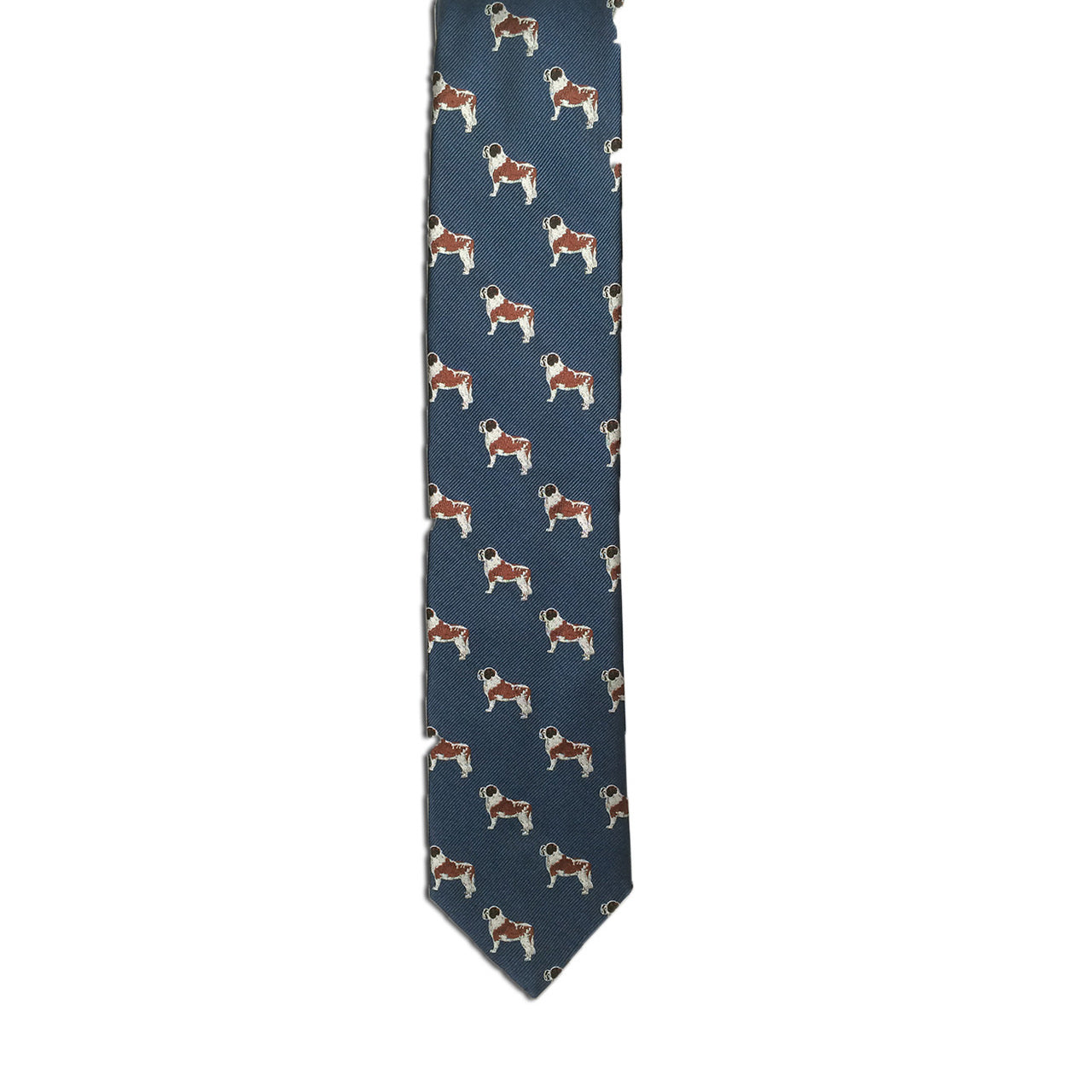 The Alden Madison Saint Bernard necktie is crafted from 100% silk using a jacquard technique to display an evenly spaced pattern of small brown and white Saint Bernard dogs on a solid blue background, elegantly highlighting the playful design.