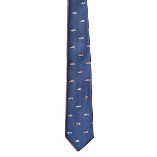Alden Madison’s "Ambulance Chaser" is a blue silk necktie featuring a repeating small white fish pattern with one red fish among them, set against a plain white background—a playful addition to any collection of novelty neckties.