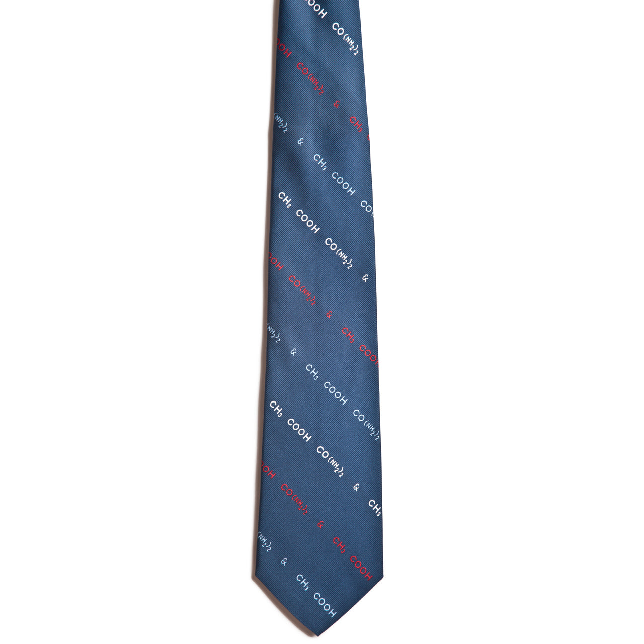The Piss and Vinegar blue silk tie by Alden Madison features vintage diagonal red and white text patterns with CH, COOK, and & on a pristine white background, adding a novel touch to this sleek, formal necktie.