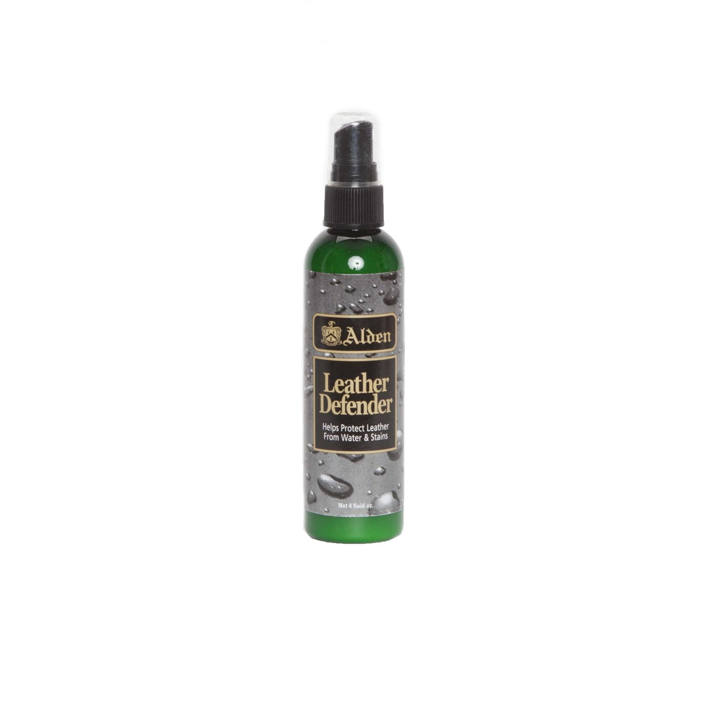 Against a white backdrop, a green bottle of Alden Leather Defender by Alden Madison is displayed. The label features water drop imagery and highlights its ability to protect leather while offering excellent water and stain resistance for your cherished items.