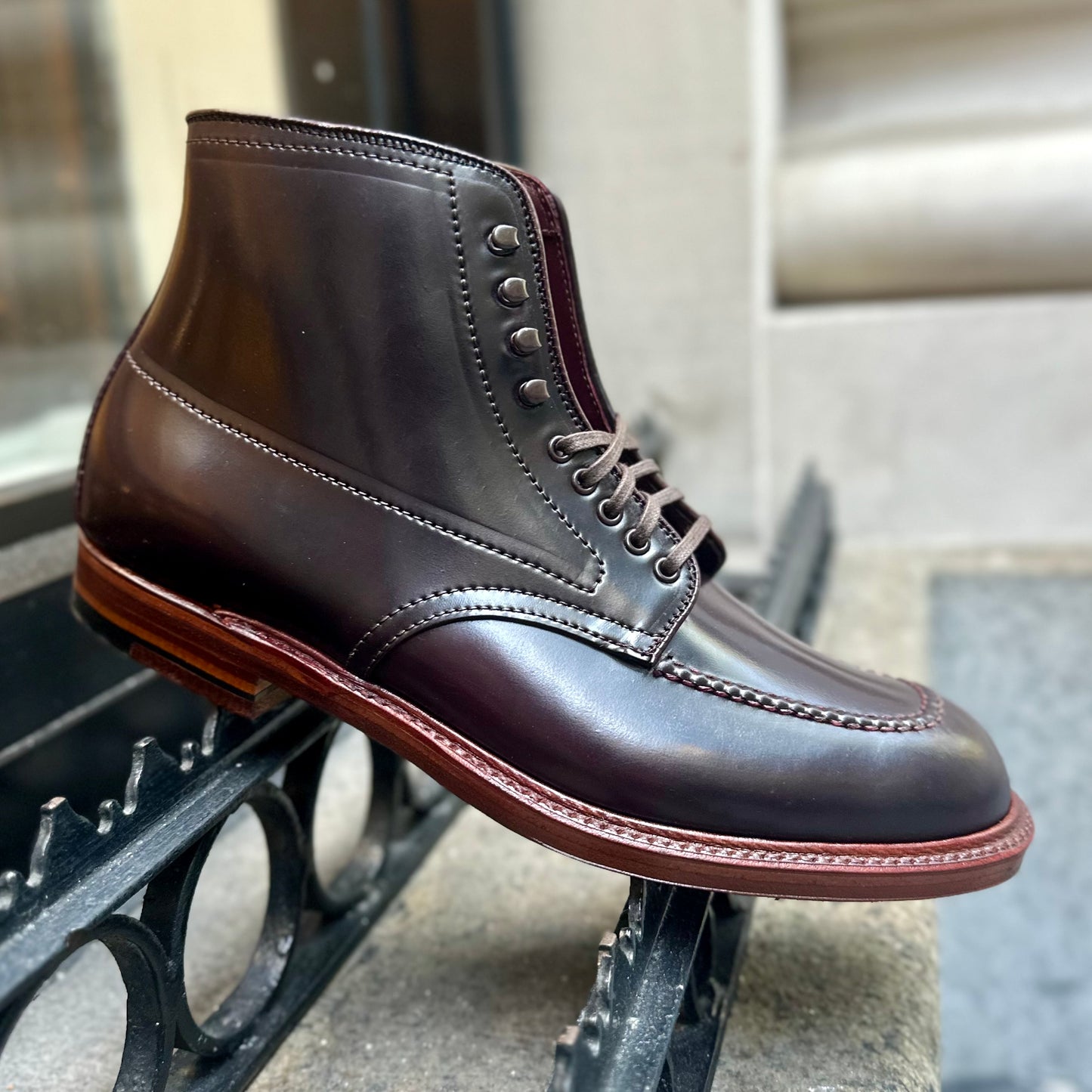 Presenting the Alden Madison D2936H - Color 8 Shell Indy Boot: a rich, dark brown leather boot featuring distinctive stitching details, a lace-up closure, and a reddish-brown double waterlock sole. Shown here displayed on a black metal fence with a softly blurred urban backdrop.