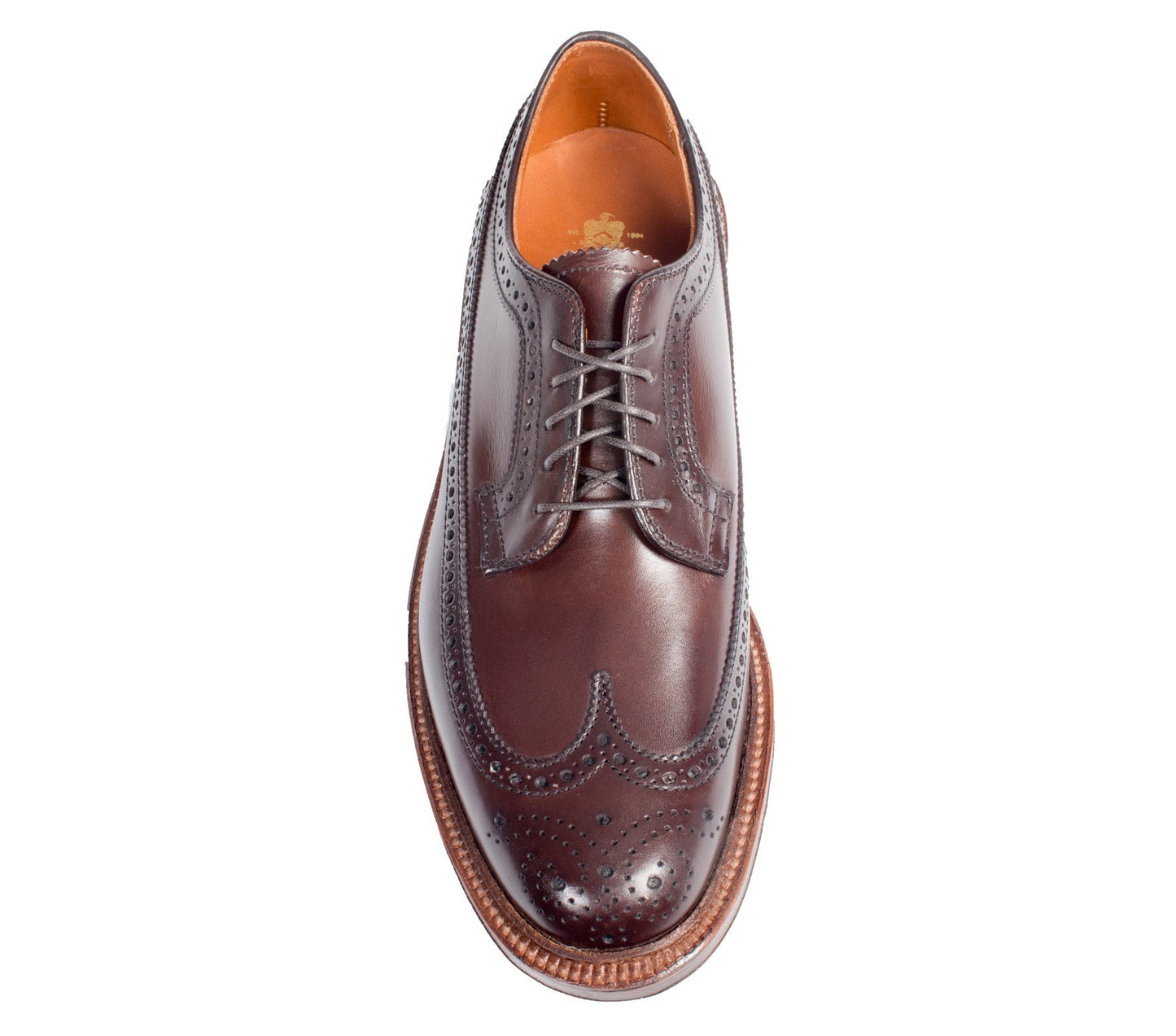 Top view of the Alden Madison 976 - Long Wing Blucher in brown calfskin, featuring wingtip detailing, decorative perforations, brown laces, and a light brown double Waterlock sole. Lined with tan material and crafted on the Barrie last for an exceptional fit.