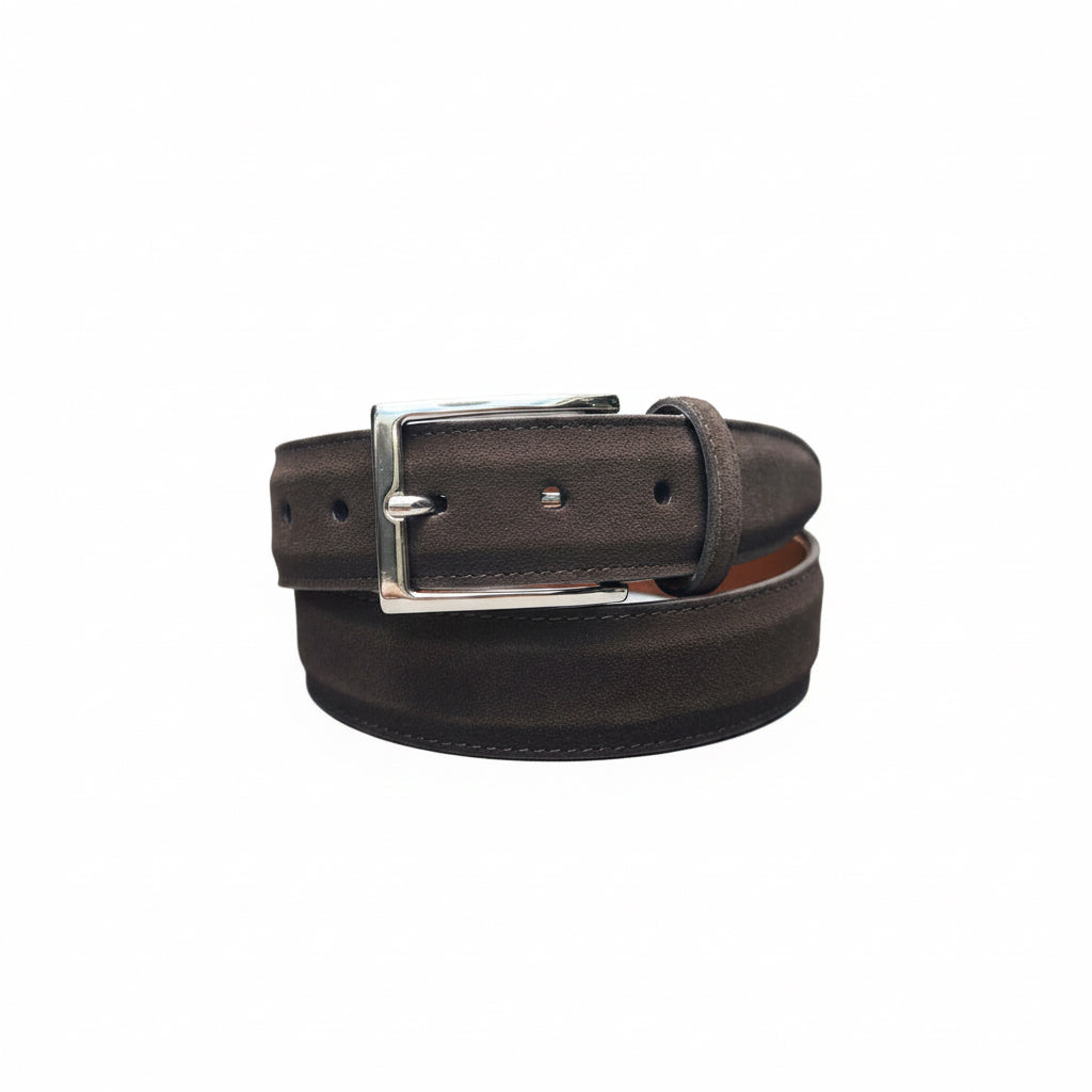 The Alden Madison MB 5217 Dark Chocolate Suede belt, 35mm wide with a nickel buckle, is neatly rolled against a plain white background.