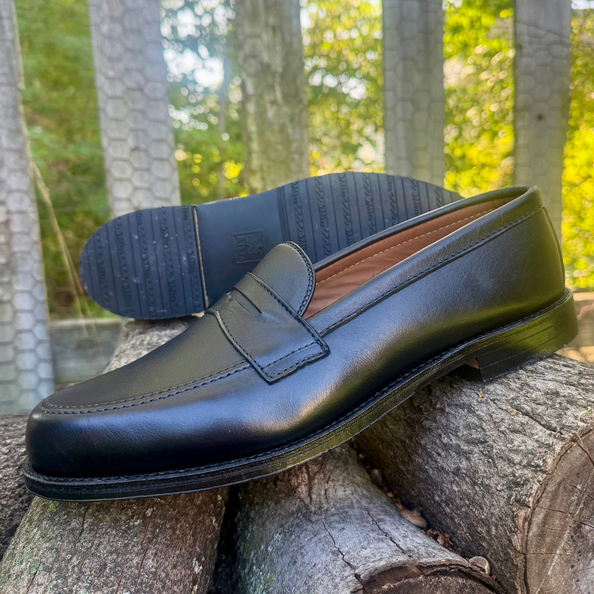 The ALDEN SHOES D5219L - Penny Loafer in Black Lady Calf with Rubber Sole is showcased outdoors, with one shoe standing upright and the other resting on its side atop tree logs, surrounded by lush greenery and sunlight. The elegant design is paired with a practical rubber sole, offering both style and durability.