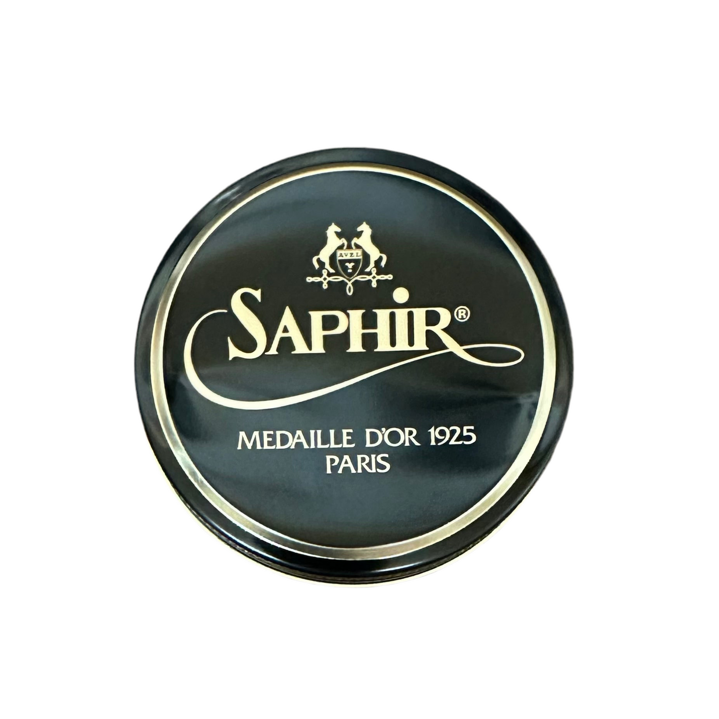 A round black tin labeled Alden Madison Saphir Pate De Luxe with gold text and a crest logo; this premium wax shoe polish contains nourishing beeswax for high-quality shoe care.
