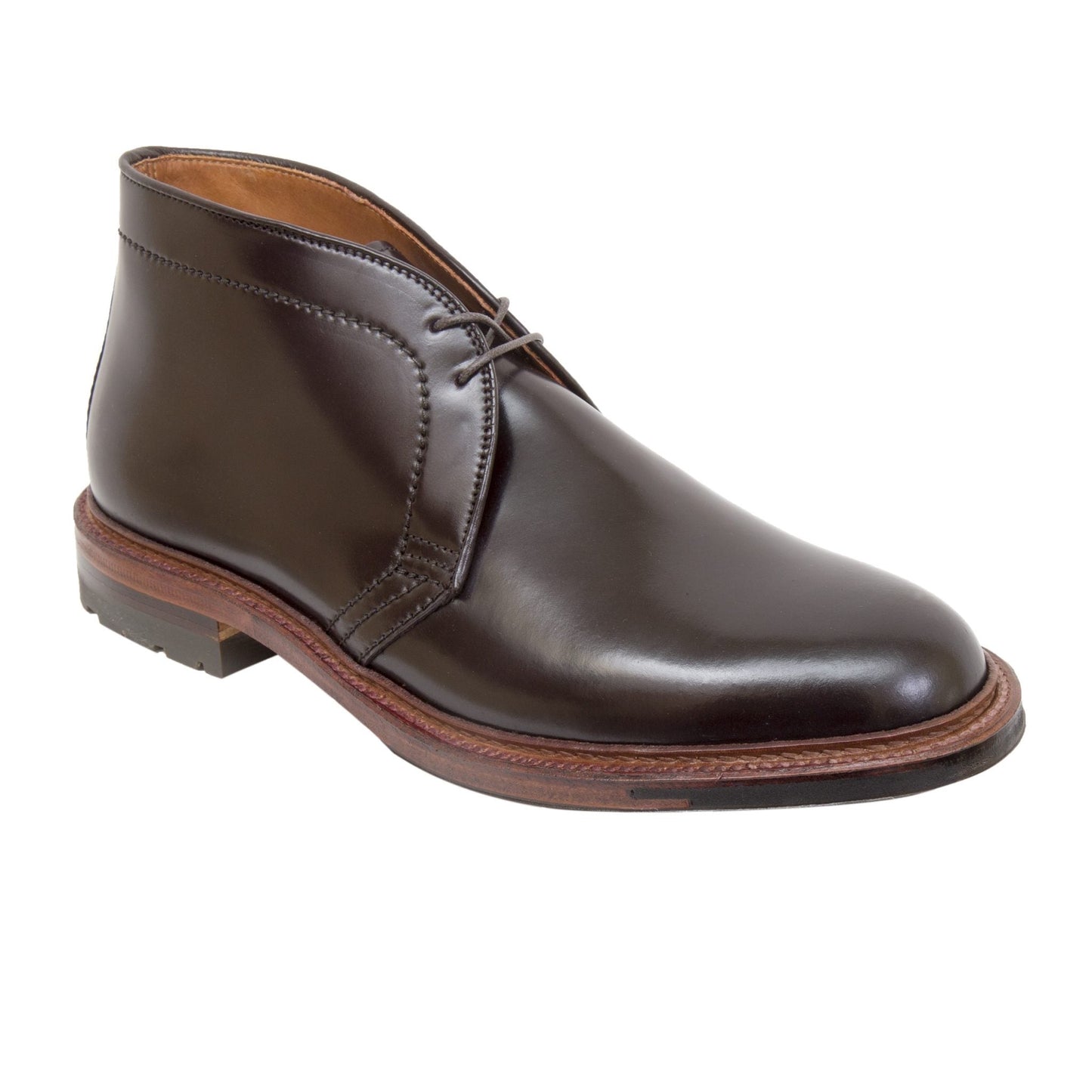 The Alden Madison D5706C Antique Chukka Boot in Color 8 Shell Cordovan features a brown two-eyelet design, rounded toe, stitched detailing, and brown sole, shown against a white background.