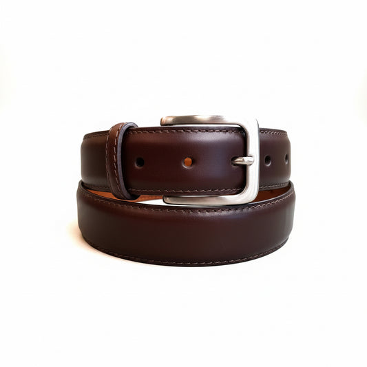 The Alden Madison MB 5335 is a brown CXL leather belt with visible stitching and a 35mm nickel buckle, shown rolled up on a white background.