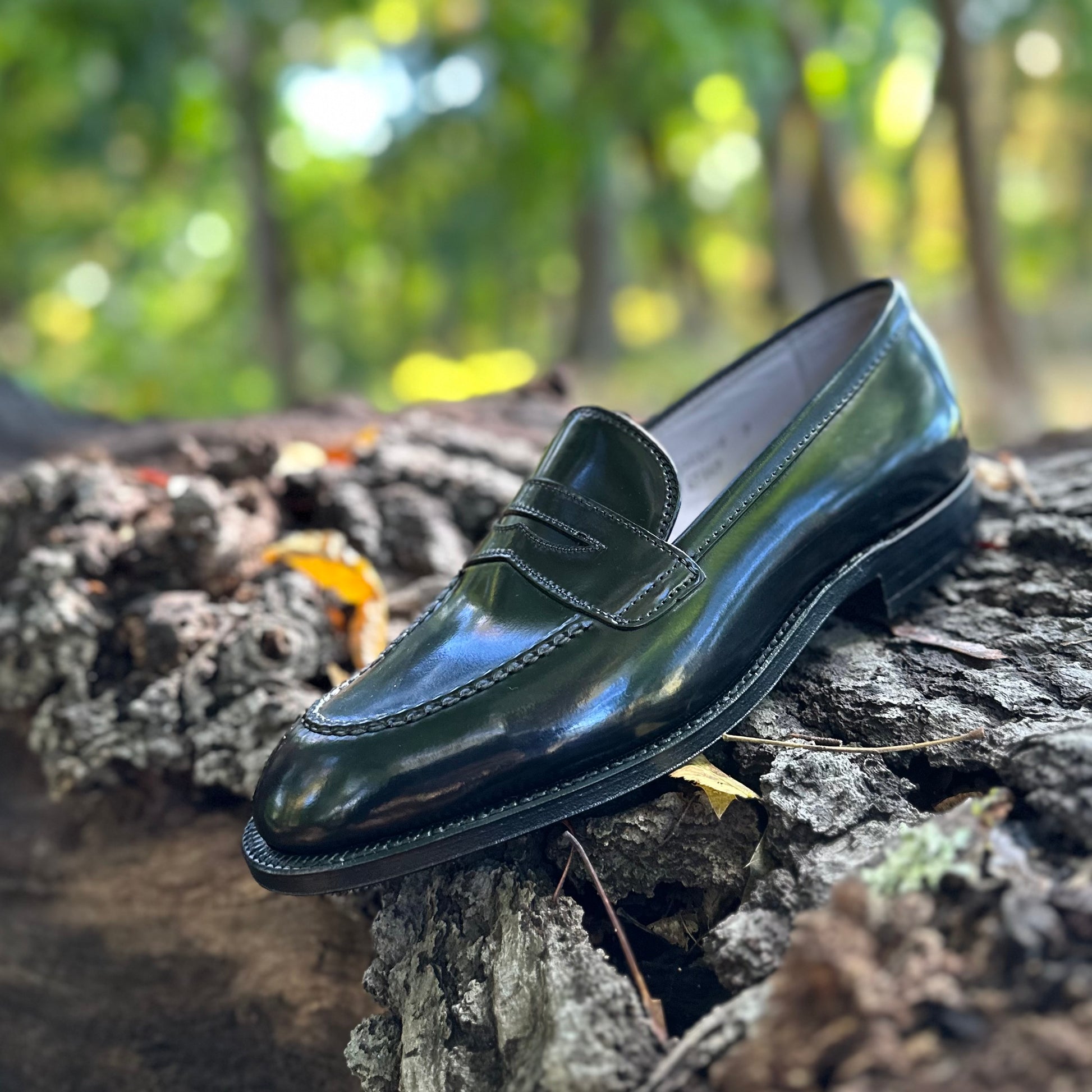 The Alden Madison 67269 High Vamp Loafer in Black Shell Cordovan rests on a textured tree trunk outdoors, set against sunlit, blurred green foliage—a classic style on the Grant Last with a Single Oak Leather Sole.