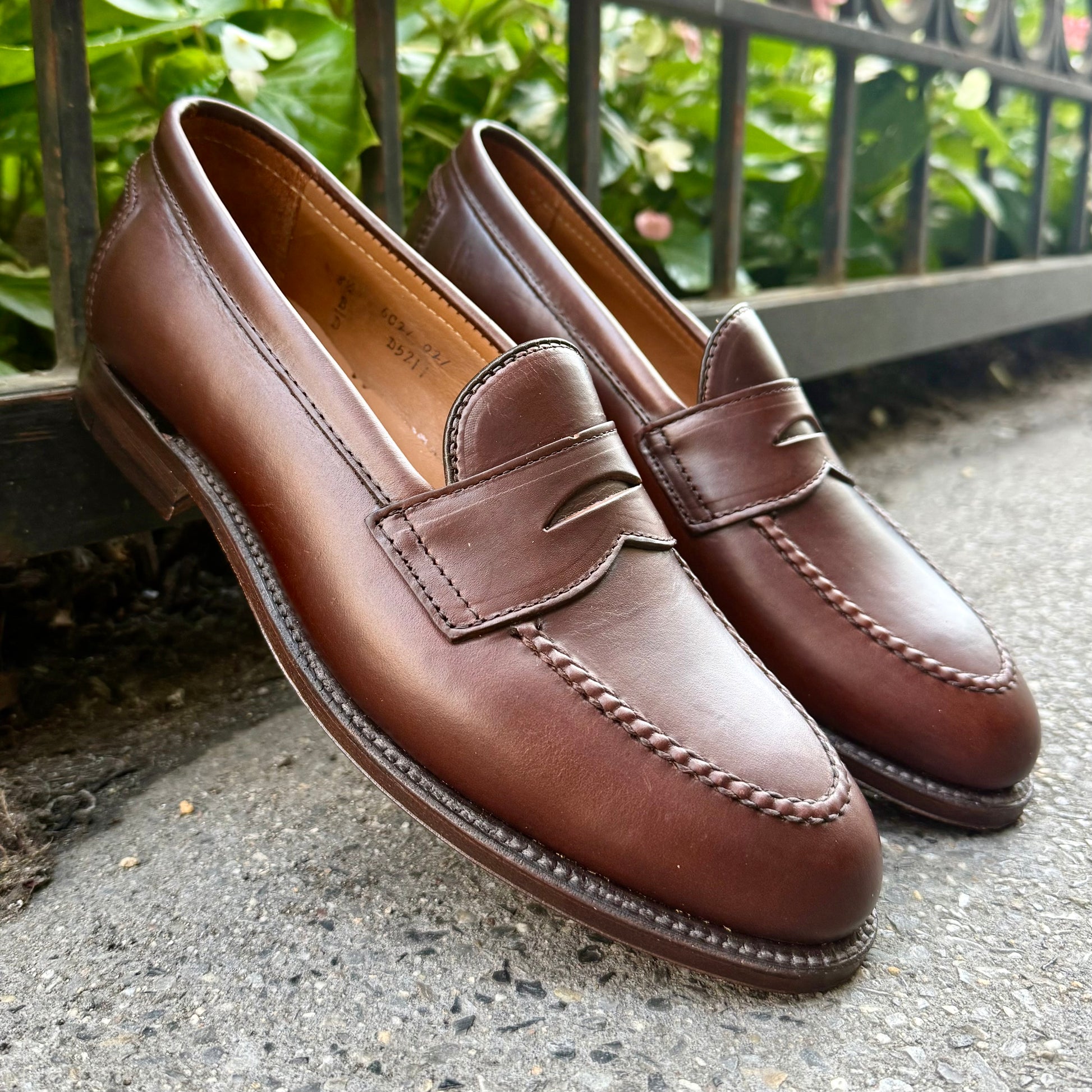 A pair of Alden Madison D5211 Brown CXL Flex Penny Loafers with stitching detail and leather soles rests on a concrete surface near a black metal fence, with green plants in the background.