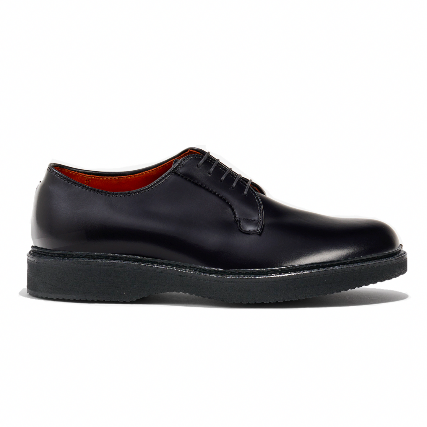 The ALDEN SHOES N1401- Black Calf Plain Toe Blucher w Wedge Sole is shown in profile, featuring black calfskin, a plain toe, black laces, shiny finish, and low wedge sole on a white background.