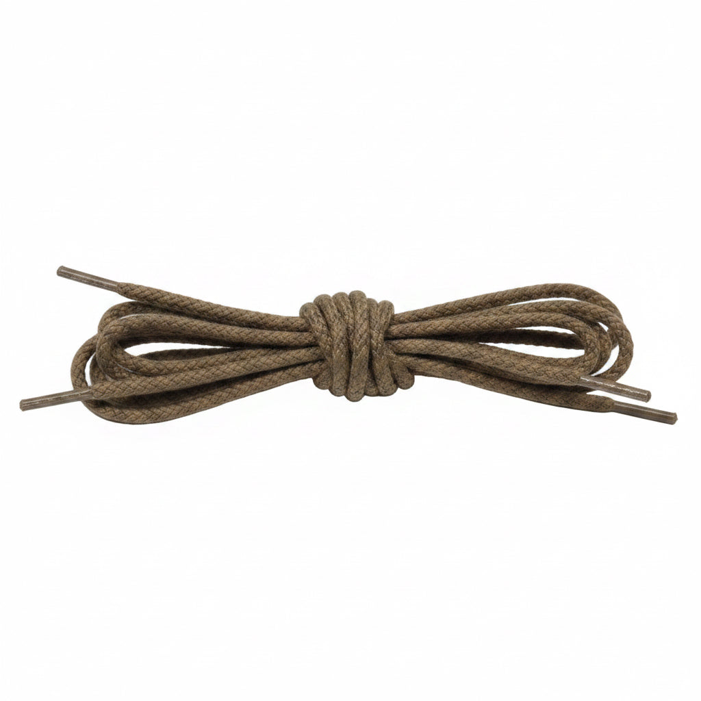 Alden Madison Laces - Round Soft Cotton Laces, 54 inches long, brown and coiled with metal aglets on both ends, shown on a white background.