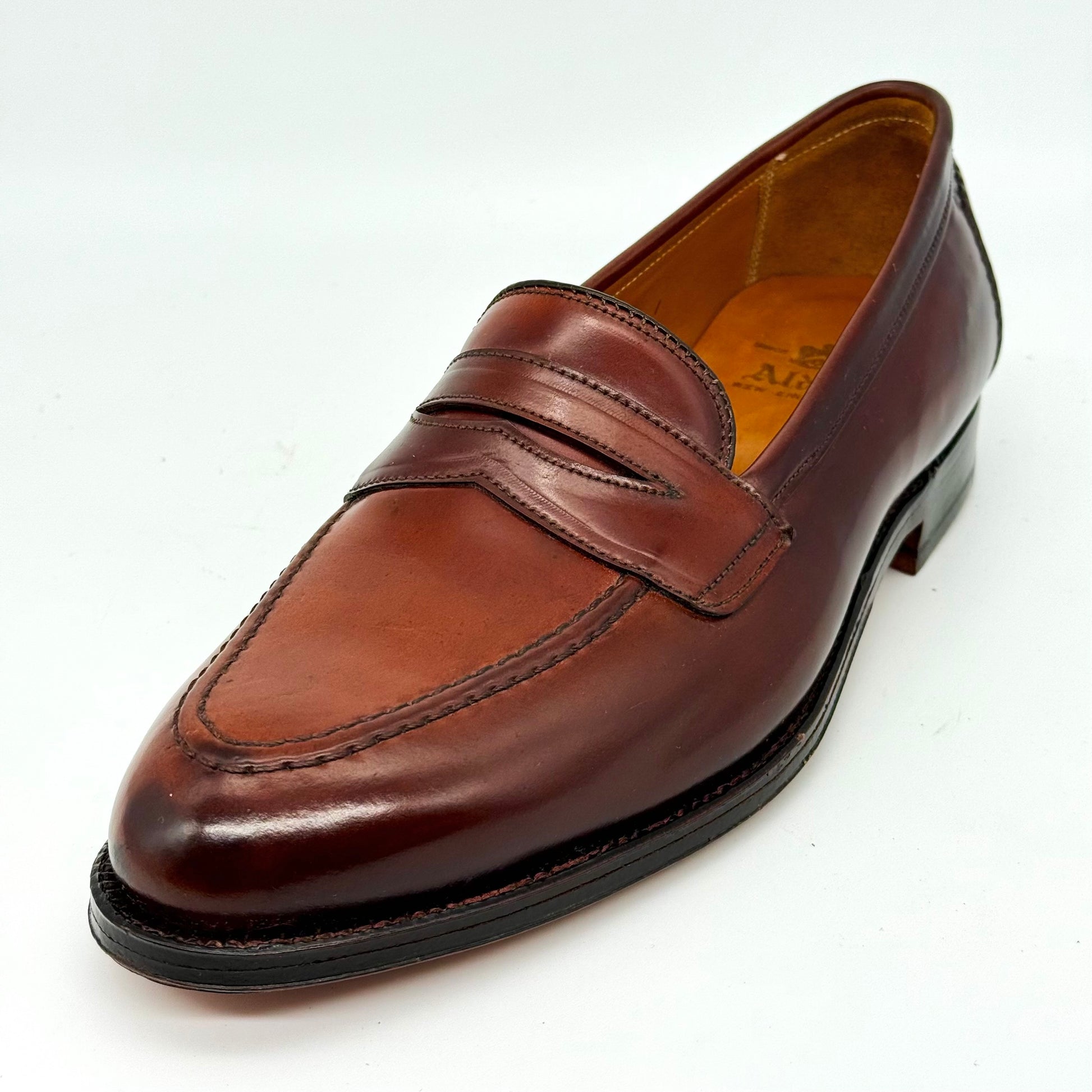 The ALDEN SHOES 5750 - Higher Vamp "Midtown" Slip On in Color 8 features brown Shell Cordovan, visible stitching, a slightly pointed toe, and is crafted on the Aberdeen Last, shown against a plain white background.