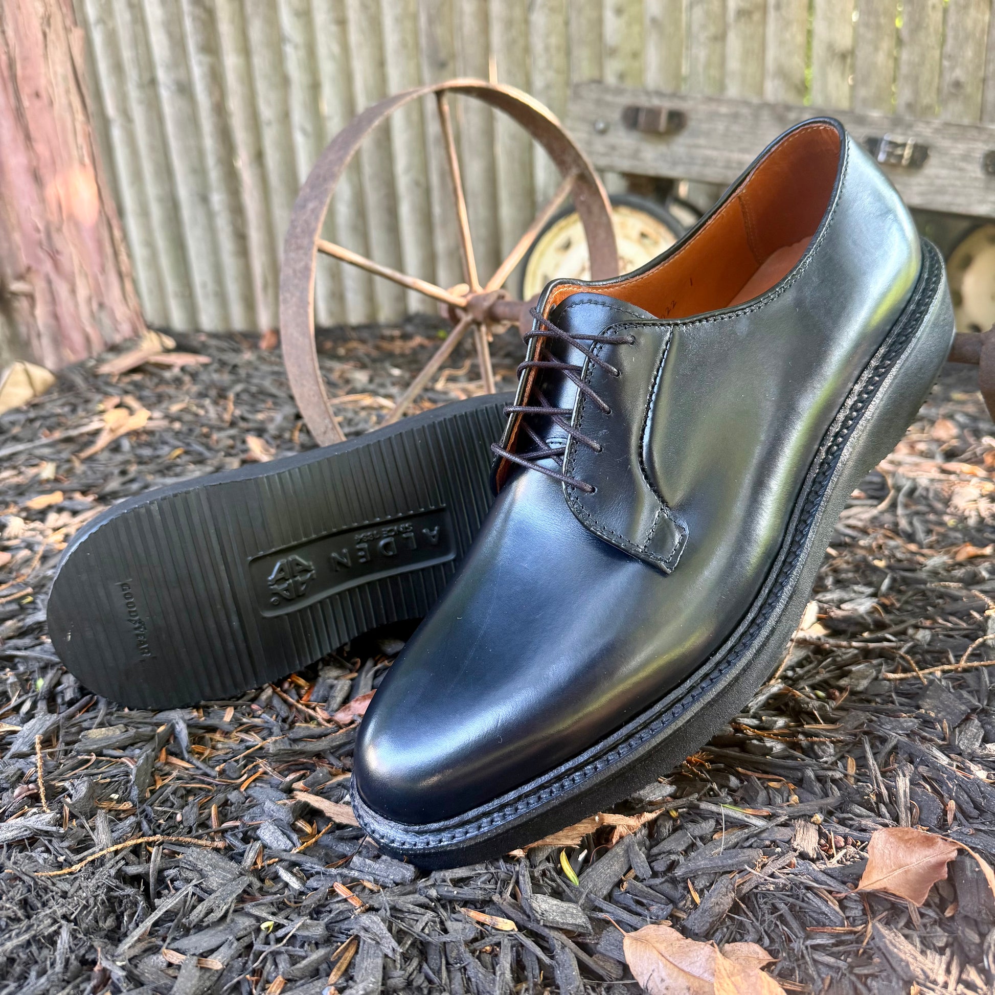 The ALDEN SHOES N1401- Black Calf Plain Toe Blucher with Wedge Sole is displayed outdoors on bark mulch, with one shoe upright and the other revealing its wedge rubber sole. A rusty wagon wheel and a wooden fence are visible in the background.