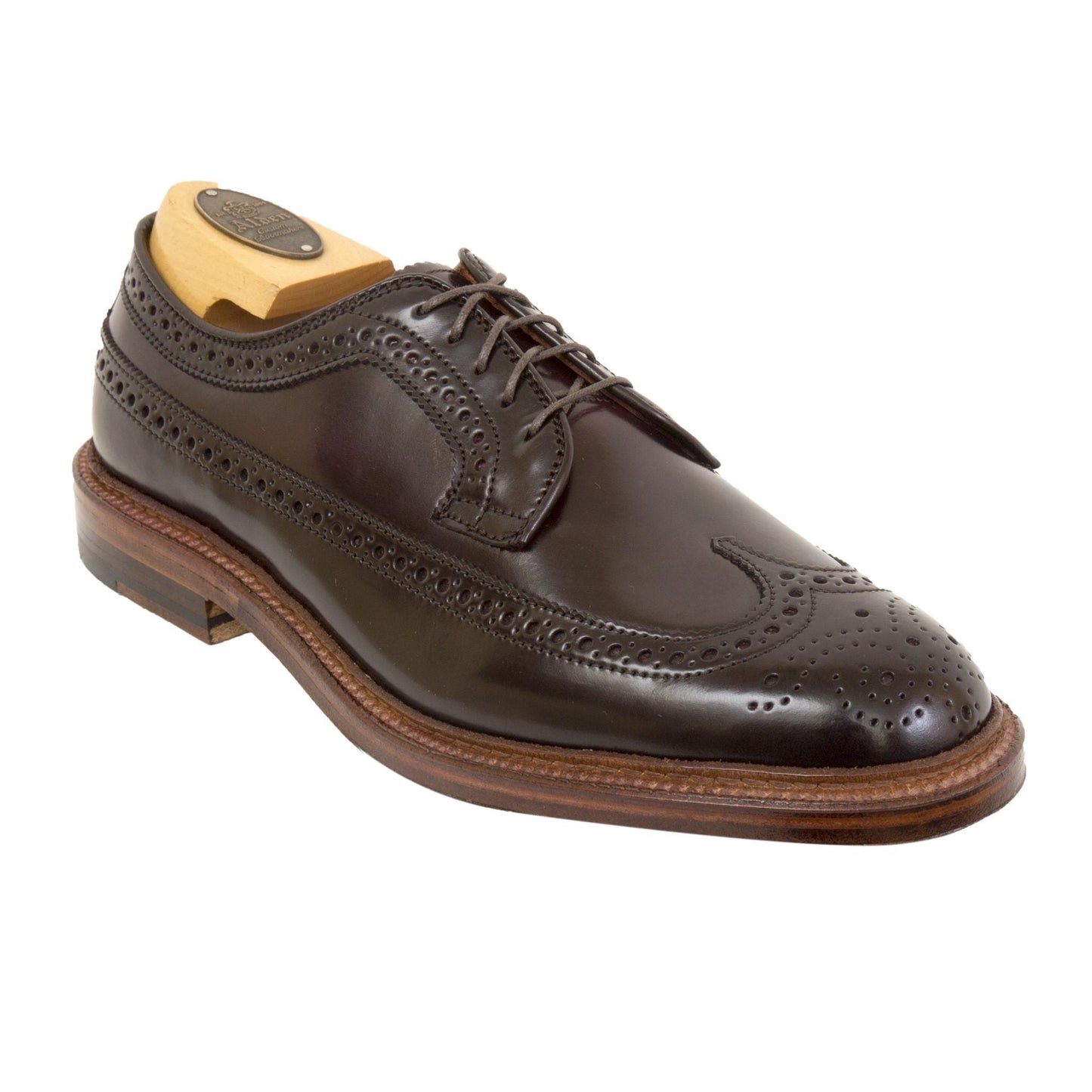 The Alden Madison D5511 - Antique Long Wing Blucher in Color 8 Shell Cordovan is shown with decorative perforations, laces, a double leather sole, and a wooden shoe tree inside, displayed on a white background.