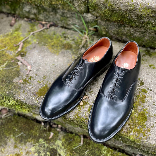 A pair of Alden Madison 9341 - Plain Toe Bal shoes in exquisite Black Shell Cordovan, featuring brown interiors and an Aberdeen last design, rests on moss-covered stone steps outdoors with neatly tied laces as grass peeks through the steps.