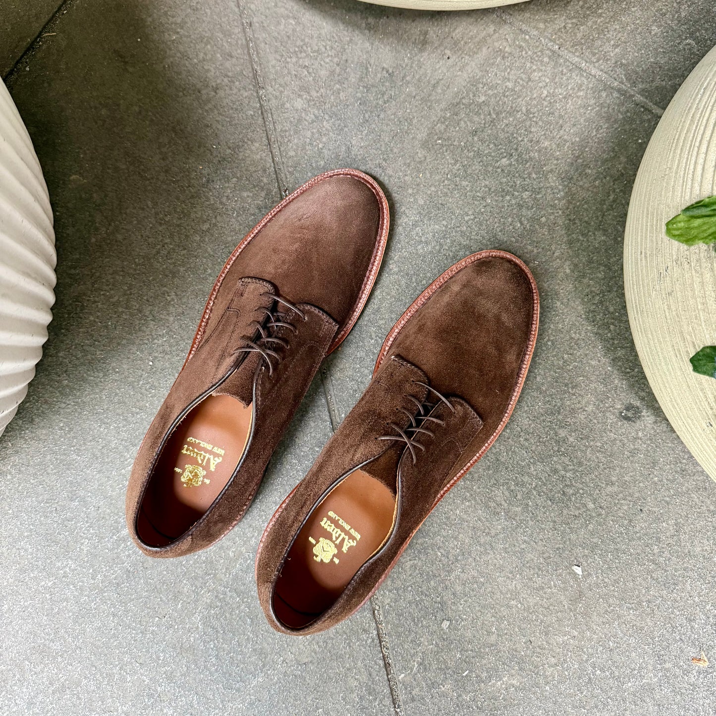 A pair of Alden Madison 29335F Unlined Dover brown suede lace-up shoes with Flex Leather Sole are placed on a gray stone floor, viewed from above. The insoles feature the Alden Madison logo in gold lettering.
