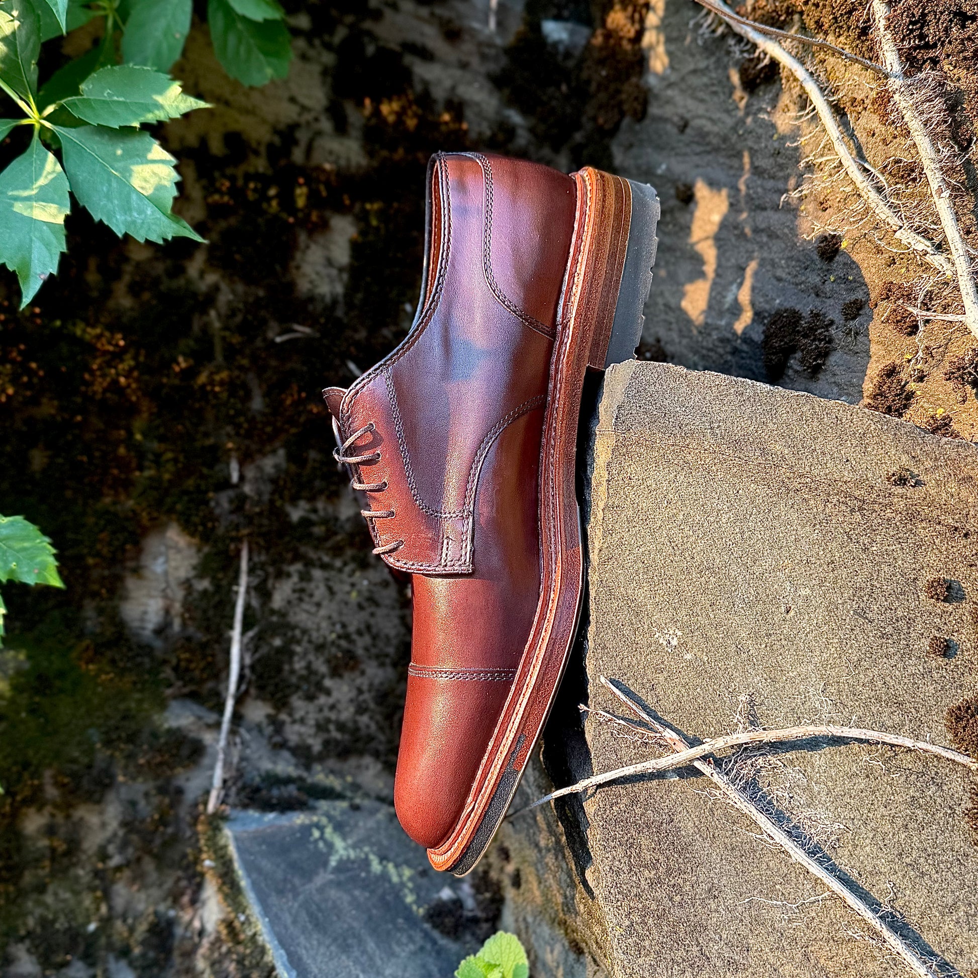 The ALDEN SHOES 22531C - Brown Calf DeRosa Cap Toe with a Commando Sole sits on a stone surface outdoors, surrounded by green leaves and moss in the sunlight.
