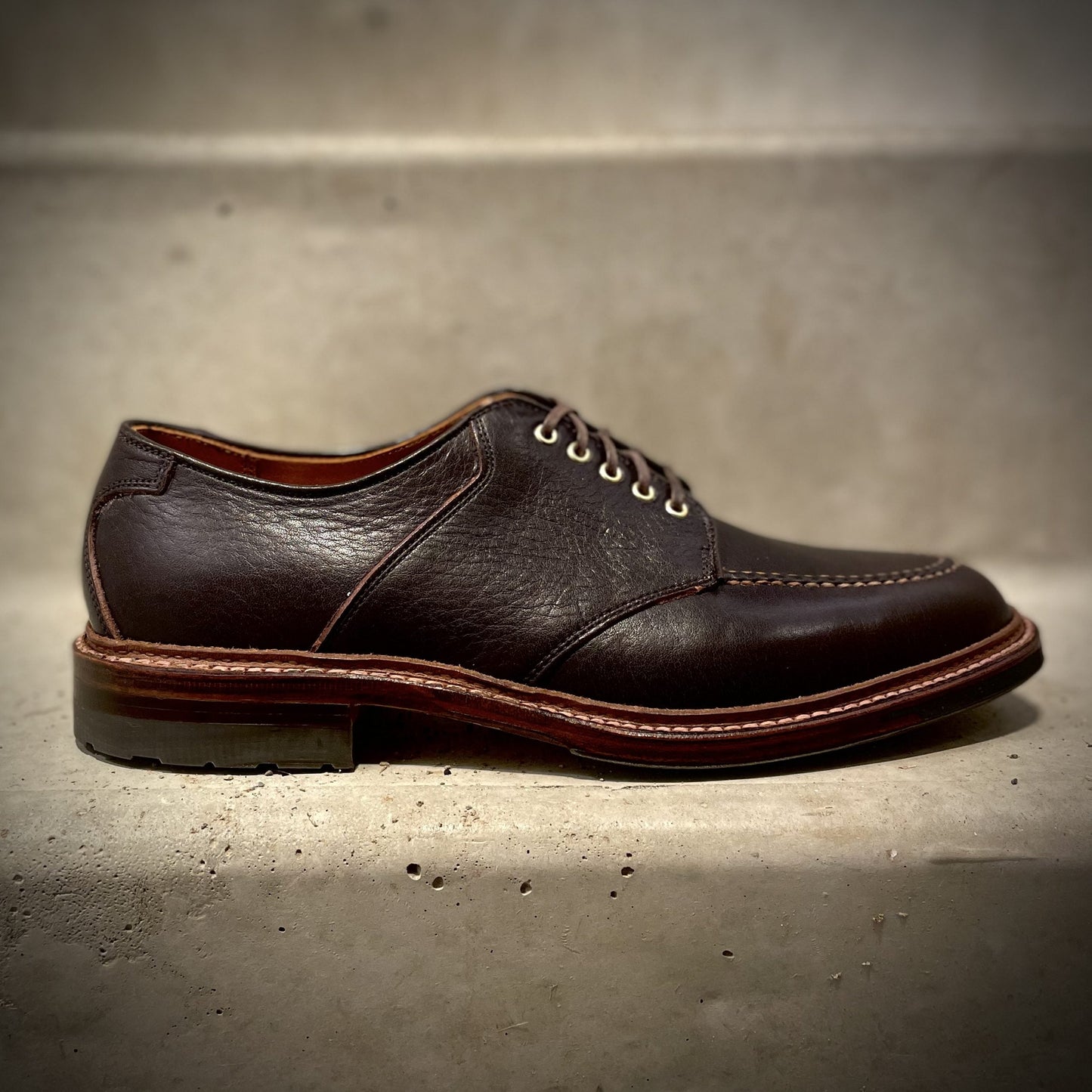 A single D1613C The Belmont Saddle Blucher Lux Arabica Calf dress shoe by Alden Madison, in dark brown leather with visible stitching and laces, rests on a concrete step under soft lighting.