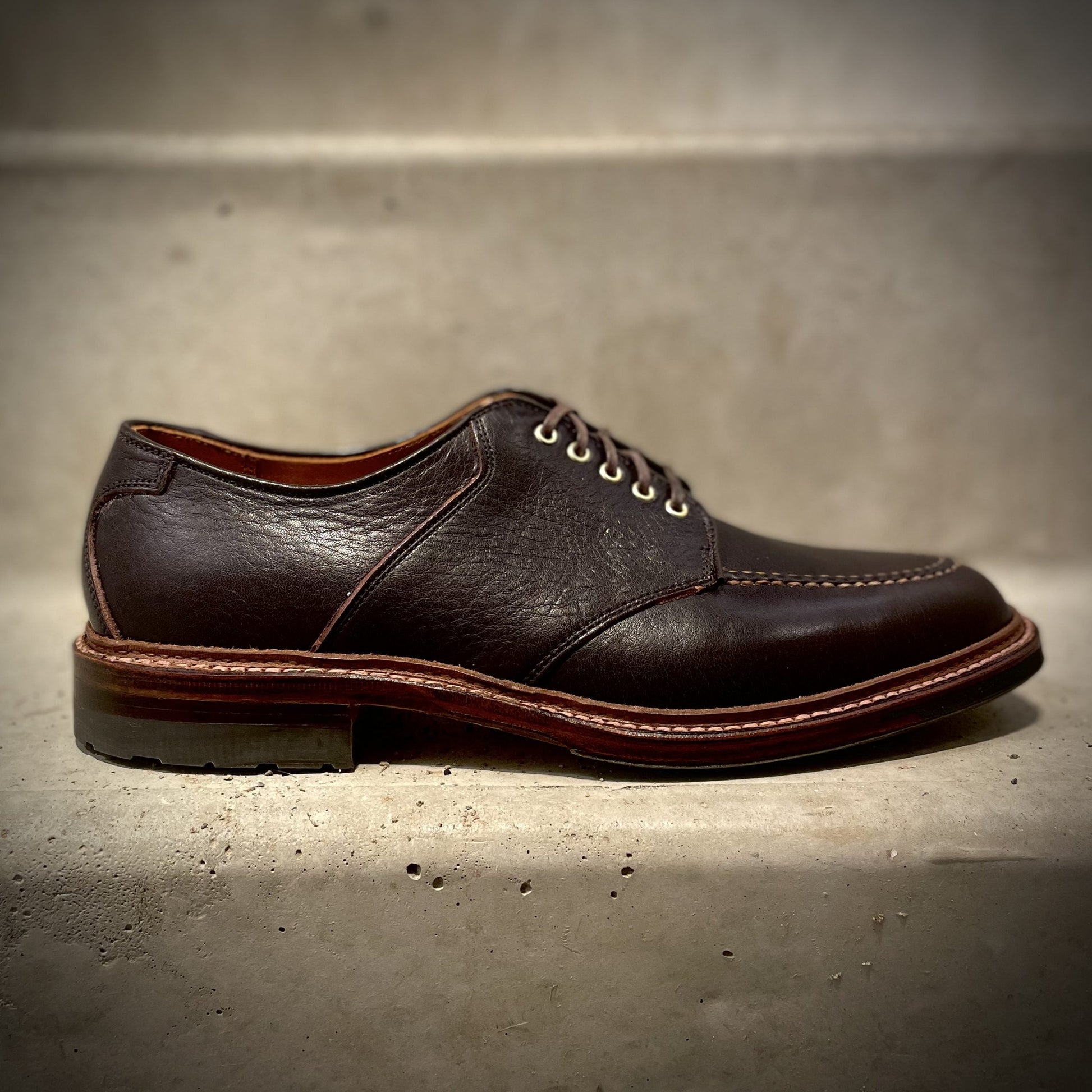 A single D1613C The Belmont Saddle Blucher Lux Arabica Calf dress shoe by Alden Madison, in dark brown leather with visible stitching and laces, rests on a concrete step under soft lighting.