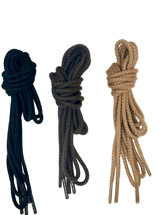 Three bundles of Alden Madison Laces - Round Soft Cotton Laces 54 inch (black, brown, and tan) are neatly coiled side by side on a white background.