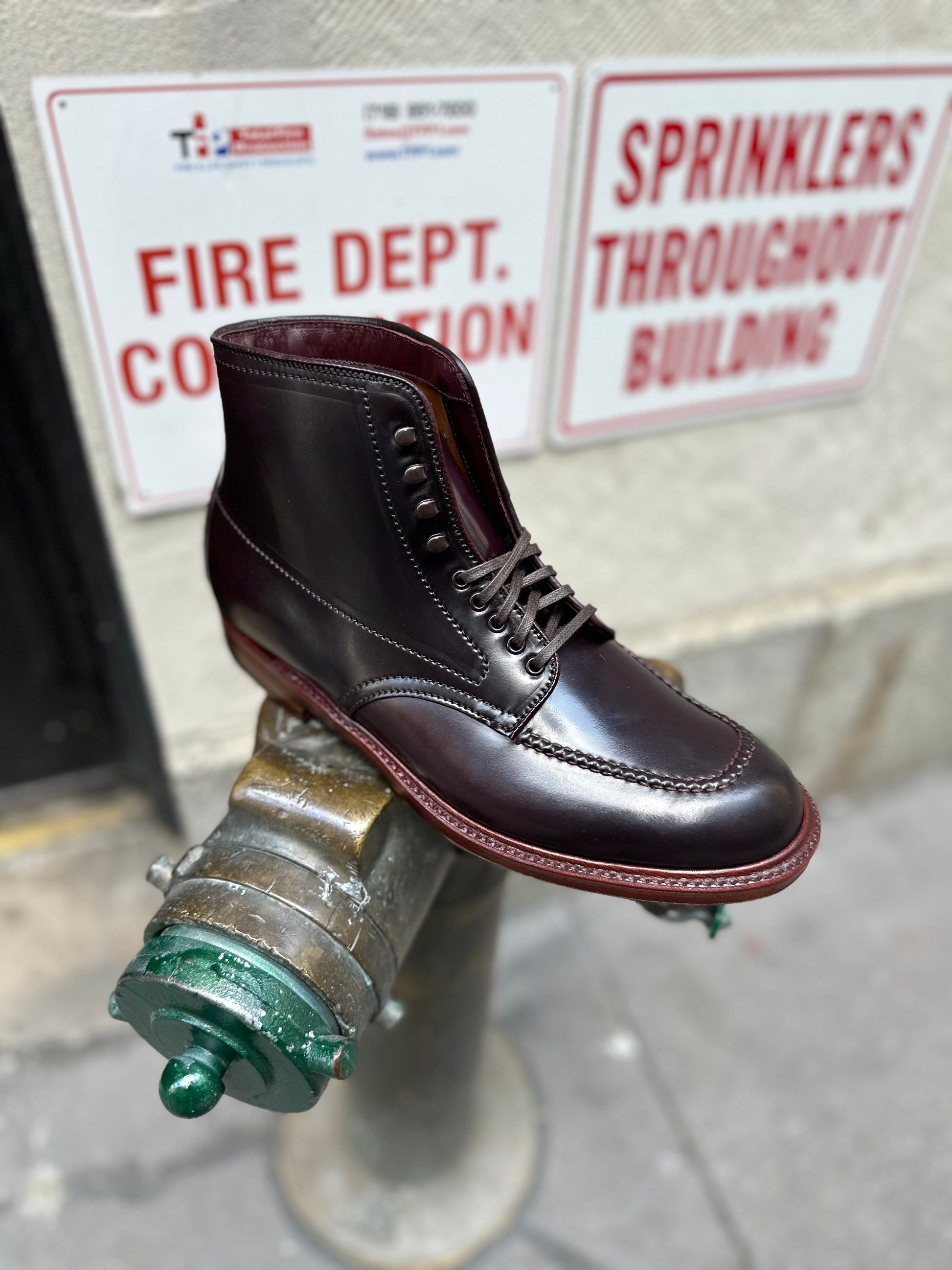 The Alden Madison D2936H - Color 8 Shell Indy Boot is showcased atop a green fire hydrant. Behind it, warning signs for fire department connections and building sprinklers are posted on a beige wall. The boot's distinctive Trubalance last and durable double waterlock sole stand out in the silhouette.
