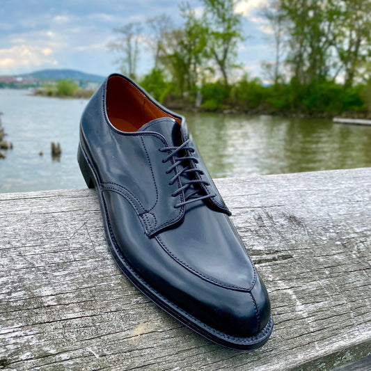 A single Alden Madison D6617 V-Tip Split Toe Blucher in Black Shell Cordovan rests on a weathered wooden railing by a calm river, green trees and cloudy sky behind, highlighting the shoe’s timeless elegance.