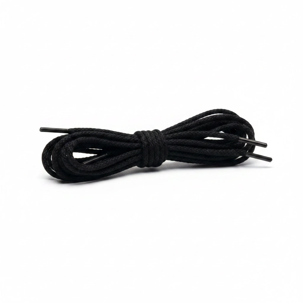 The Alden Madison Laces - Round Soft Cotton Laces 54 inch, in black, with one end looped into a knot and loose other ends, are displayed on a white background.