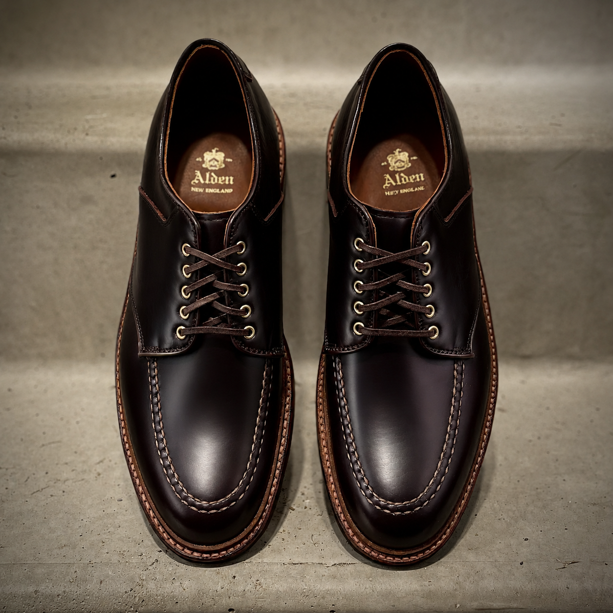 A pair of ALDEN SHOES D5617 - Saddle Blucher in Color 8 Shell, featuring tan stitching and laces, displayed side by side on a light-colored surface.