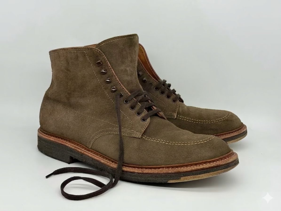 The ALDEN SHOES D6966H - Clay Suede Indy Boot features brown suede, dark brown soles, and stitching details. Built on the Trubalance Last with round toes; one lace lies untied on a white surface.