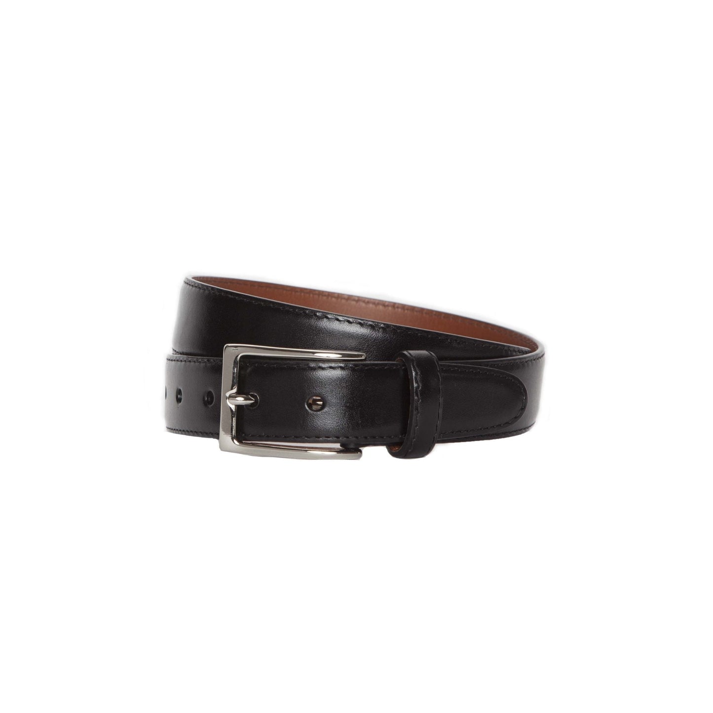 The Alden Madison MB 0101 Calfskin Belt, Gold 32mm, features a black exterior with an elegant brown interior. It sports a striking gold buckle and adjustable holes, along with a small loop near the buckle to secure the end.