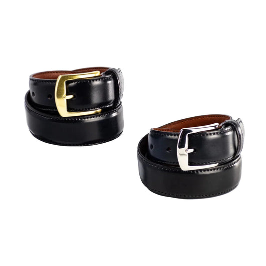 Two Alden Madison MB 0915 - Alden 32mm Black Shell Cordovan Belts, both black with brown inner lining and made in the USA: one has a gold buckle, the other a silver; each is crafted from Horween leather and 32mm wide.