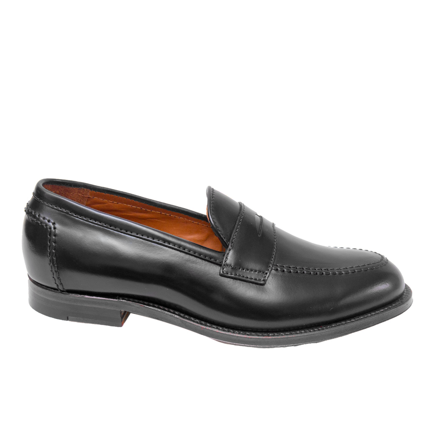The Alden Madison D2221 - Madison Penny in Black Shell Cordovan is a black loafer with stitching, low heel, penny slot, Leydon Last, and leather sole, shown in a side view against a white background.