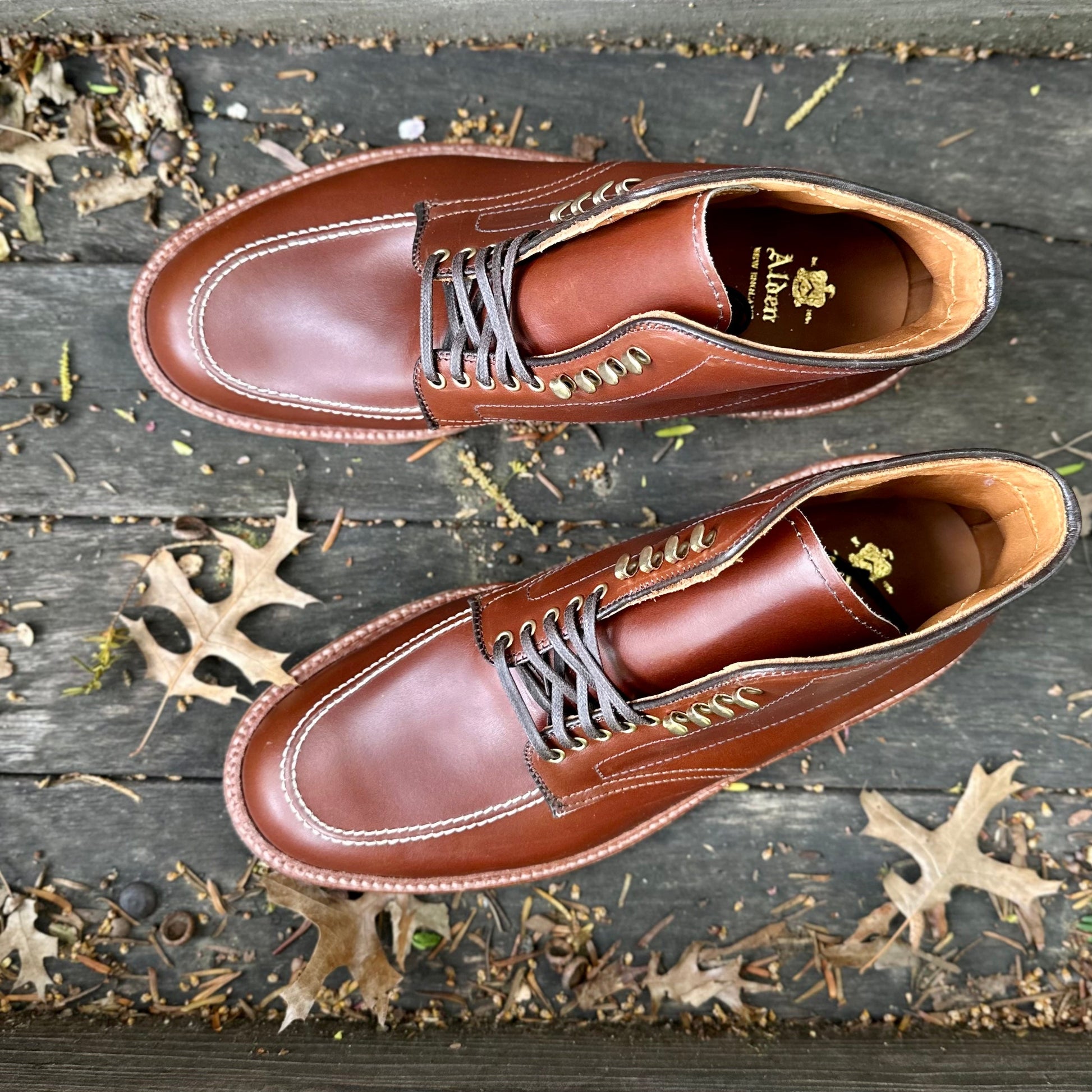 Alden Madisons D2940H - Madison Indy Boots in classic Madison Brown calf, polished perfectly and featuring dark laces, sit on a weathered wooden surface adorned with dried leaves. The iconic brand logo inside highlights their timeless elegance.
