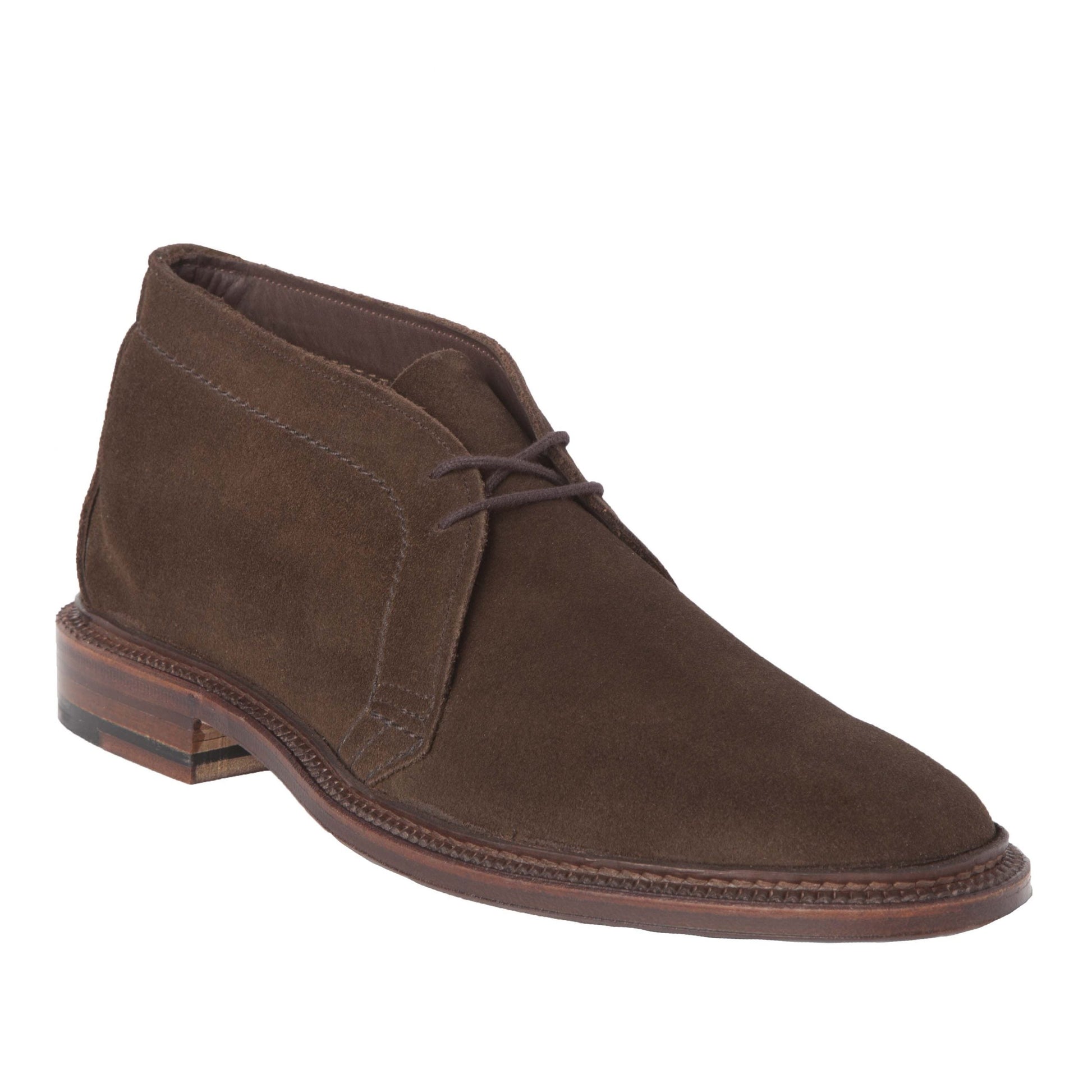 Alden Madison’s 1492 - Unlined Chukka in brown suede showcases a rounded toe, Leydon Last, two-eyelet lacing, low stacked heel, and Single Flex Leather Sole. Shown on a white background.