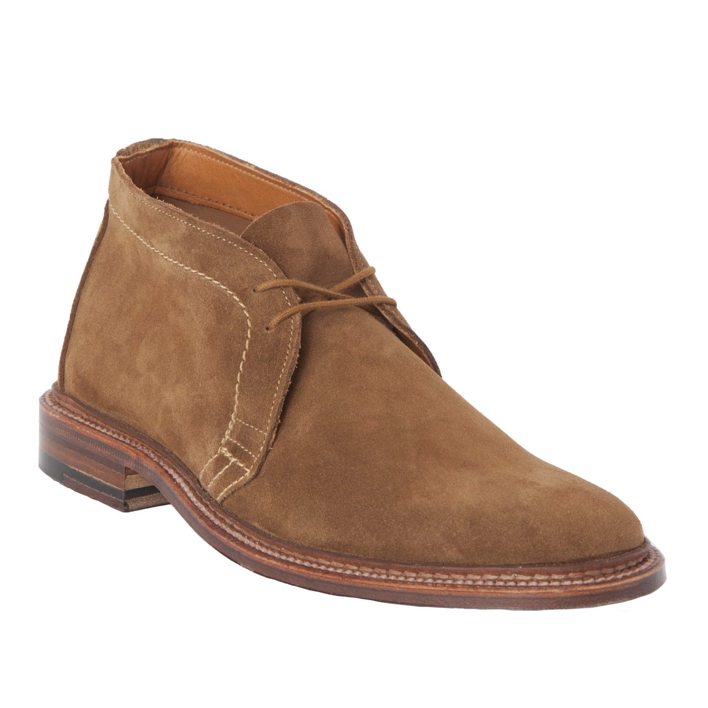 The Alden Madison 1493 - Unlined Chukka in Snuff Suede features a lace-up design with beige stitching and an unlined single flex leather sole, crafted on the Leydon Last. The brown suede boot is slightly angled to showcase its side and front against a plain white background.
