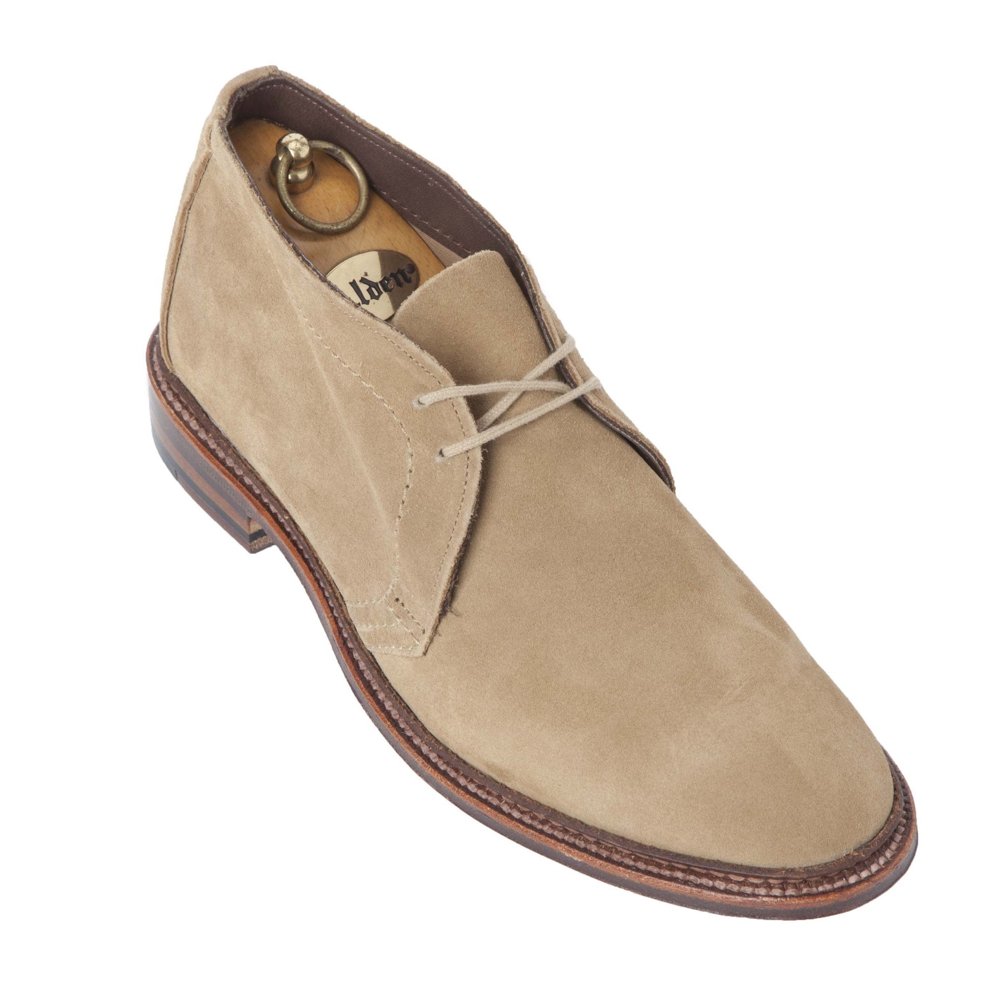 The 1494 - Unlined Chukka in Tan Suede by Alden Madison features a tan suede design, brown sole, crafted on the Leydon Last with lace-up closure, presented on a white background.