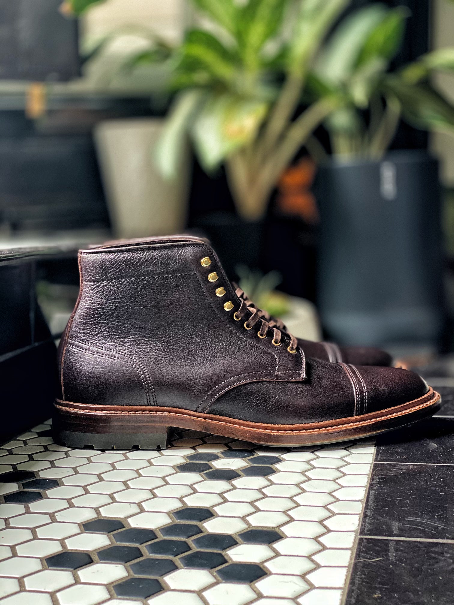 The Alden Madison D1808HC - Stitchup 2/2 Boot in Arabica Lux7 features dark brown calfskin leather, gold eyelets, brown laces, and a Commando Sole, shown on hexagonal tiles with blurred green potted plants in the background.