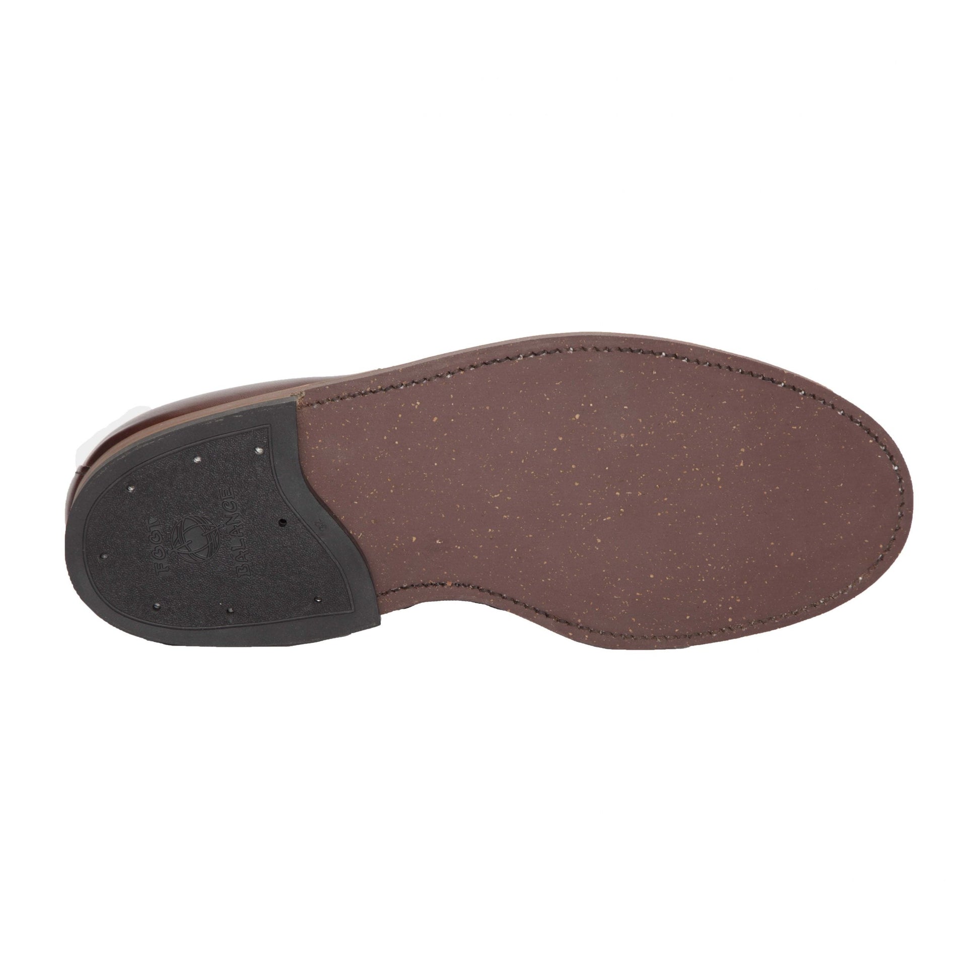 The image displays the Alden Madison 403 - Indy Boot in Brown Chromexcel, featuring a brown cork sole with black heel. The sole has stitched edges with speed hooks for functionality and metal pins on the heel for added reinforcement.