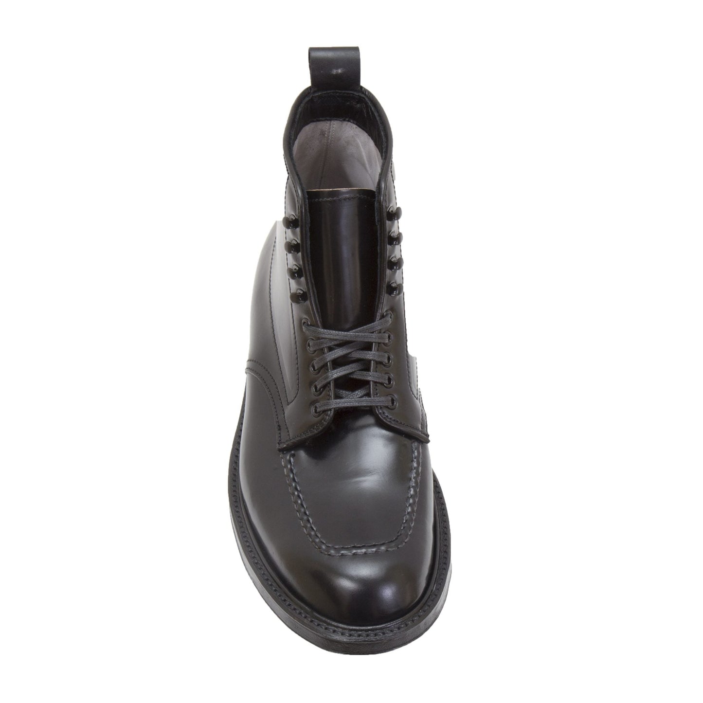 The Alden Madison 40509HC - Indy Boot features a sleek black shell leather with laces and toe stitching details. Photographed from above, it showcases a round toe design atop a sturdy Commando sole for enhanced traction.