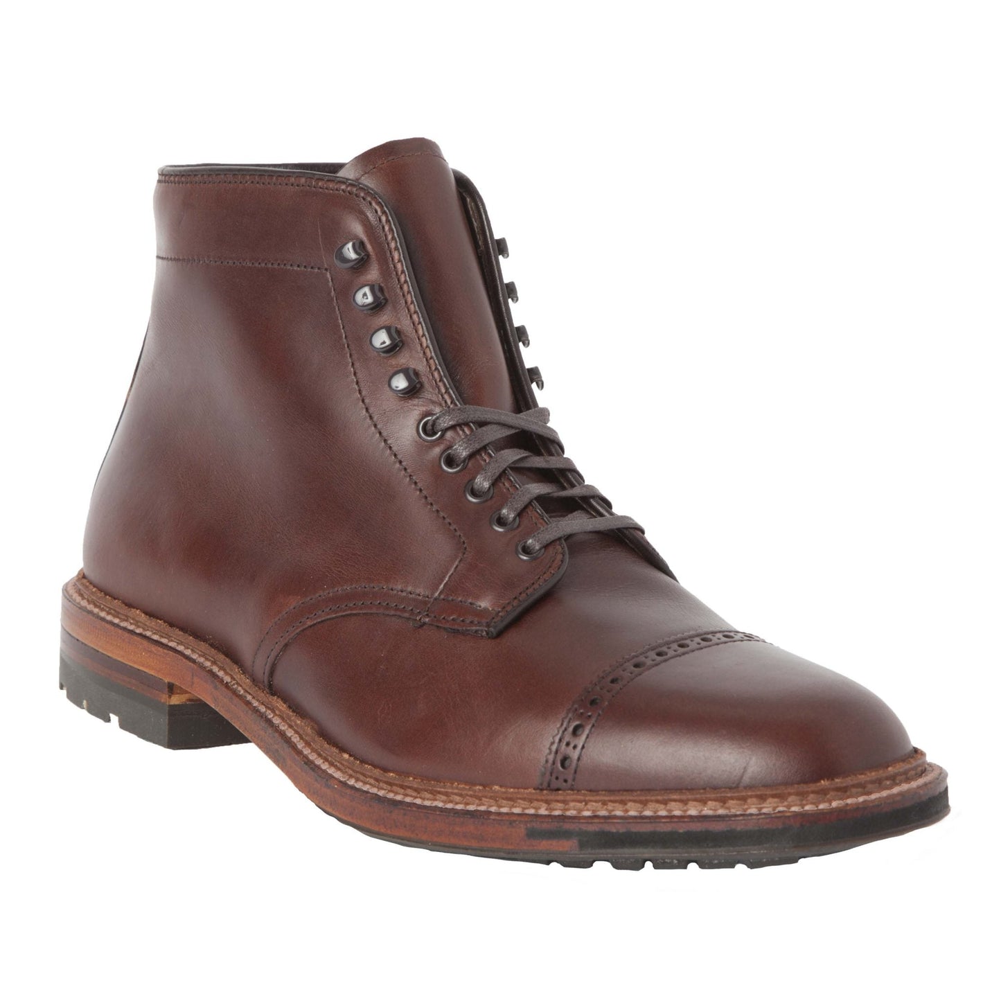 The Alden Madison 44924HC Jumper Boot in Brown Chromexcel features a cap toe, metal eyelets, speed hooks, detailed stitching, and a sturdy layered commando sole with visible tread.