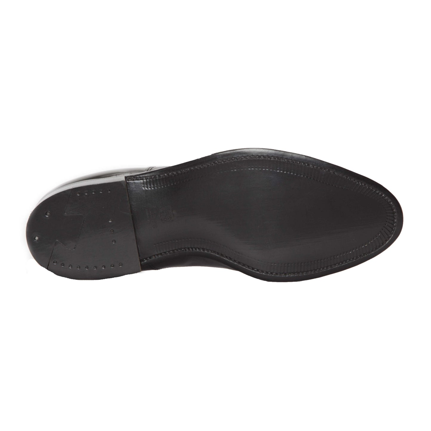 The bottom view of the Alden Madison 1655 - Monk Strap Black in Shell Cordovan dress shoe highlights its leather sole, with a smooth surface, detailed edge stitching, and two metal nails at the heel for enhanced durability and quality craftsmanship.