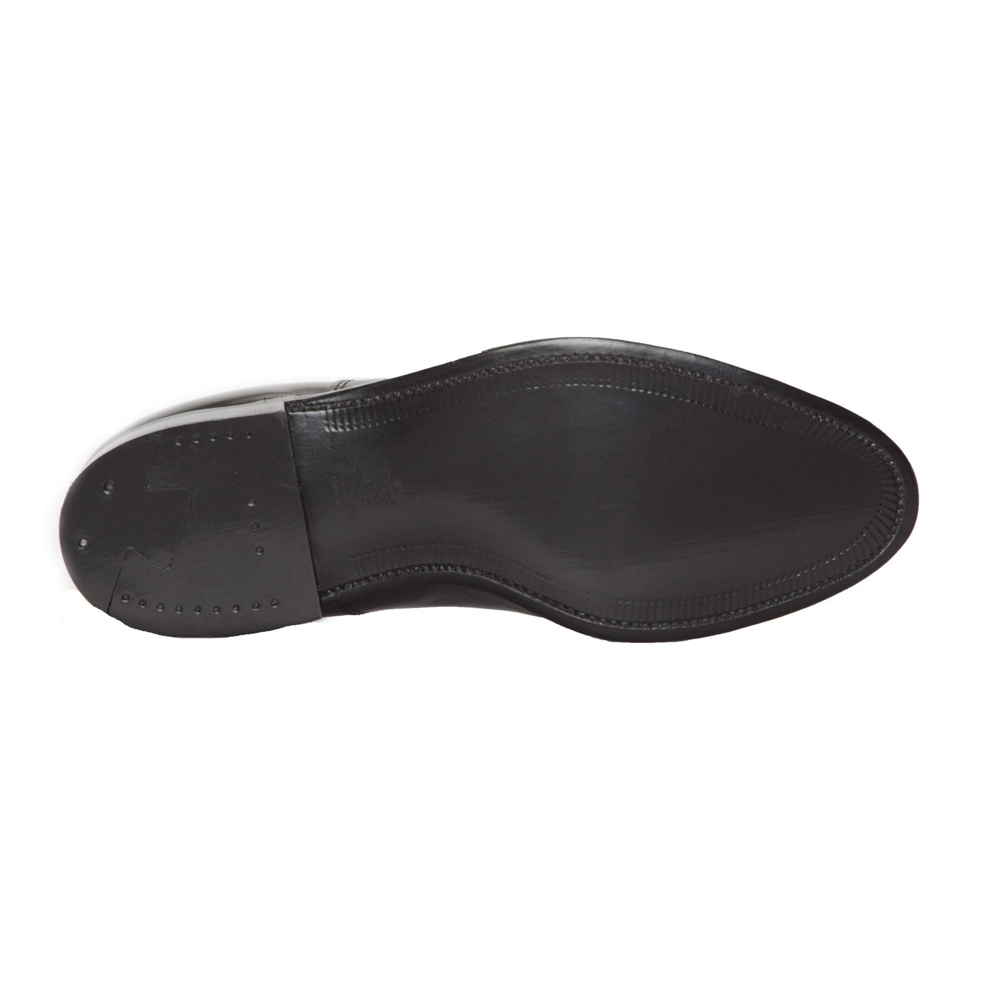 The image features the sole of the 2211 - Norwegian Split Toe Blucher in Black Shell Cordovan by Alden Madison, showcasing its sleek leather outsole with meticulous hand stitching and small nails near the heel for durability while maintaining a simple, classic design.