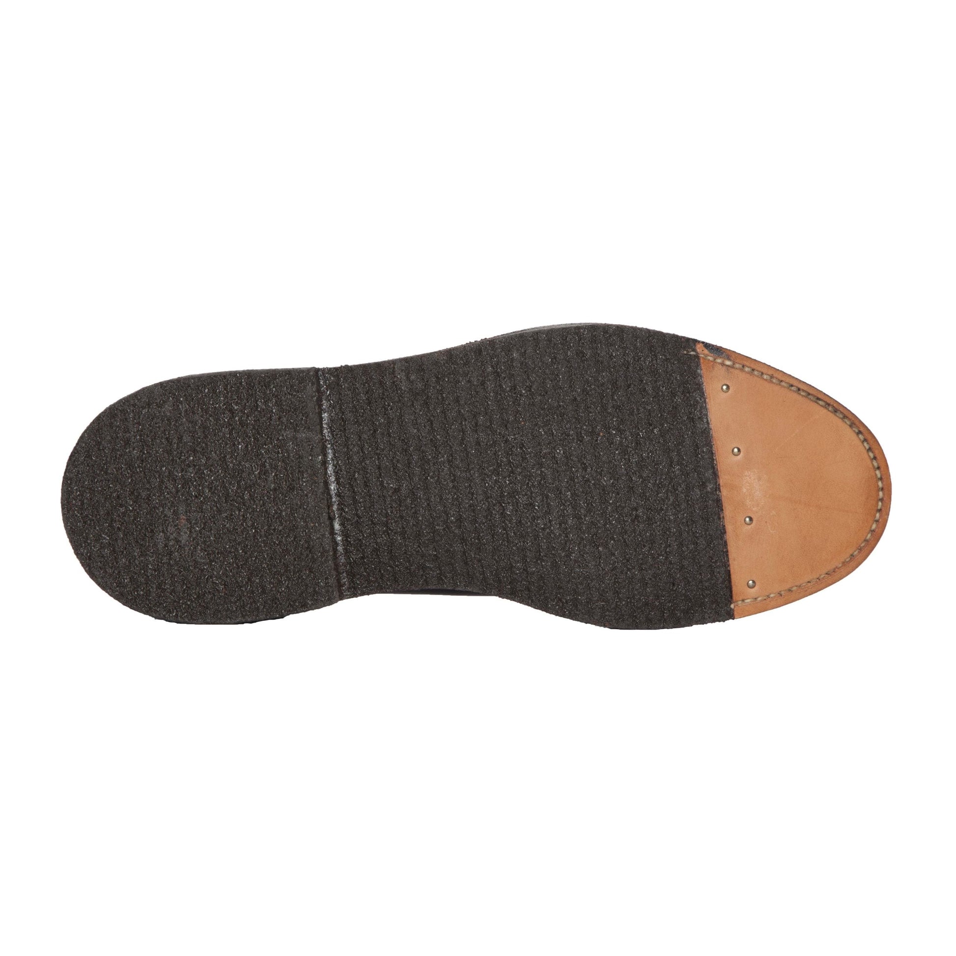 The image shows the bottom view of the Alden Madison 949 - All Weather Walker in Black Alpine Grain, featuring a Barrie Last design, black textured sole, smooth tan leather section, and metal studs at the toe.