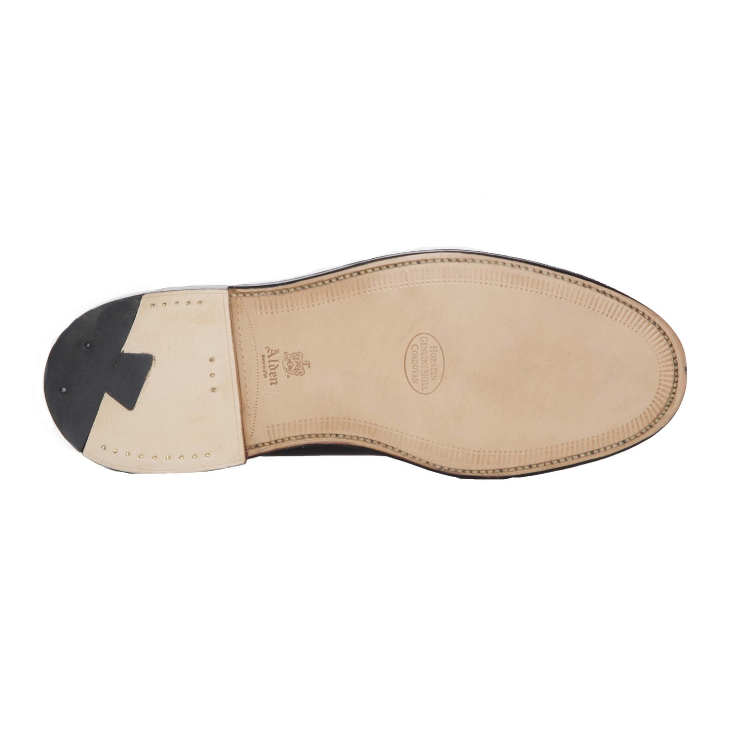 The 975 - Long Wing Blucher in Color 8 Shell Cordovan by Alden Madison features a sole made of Double Oak Leather, with a light-colored base, black heel, rubber insert, visible edge stitching, and embossed logo near the arch for refined craftsmanship.