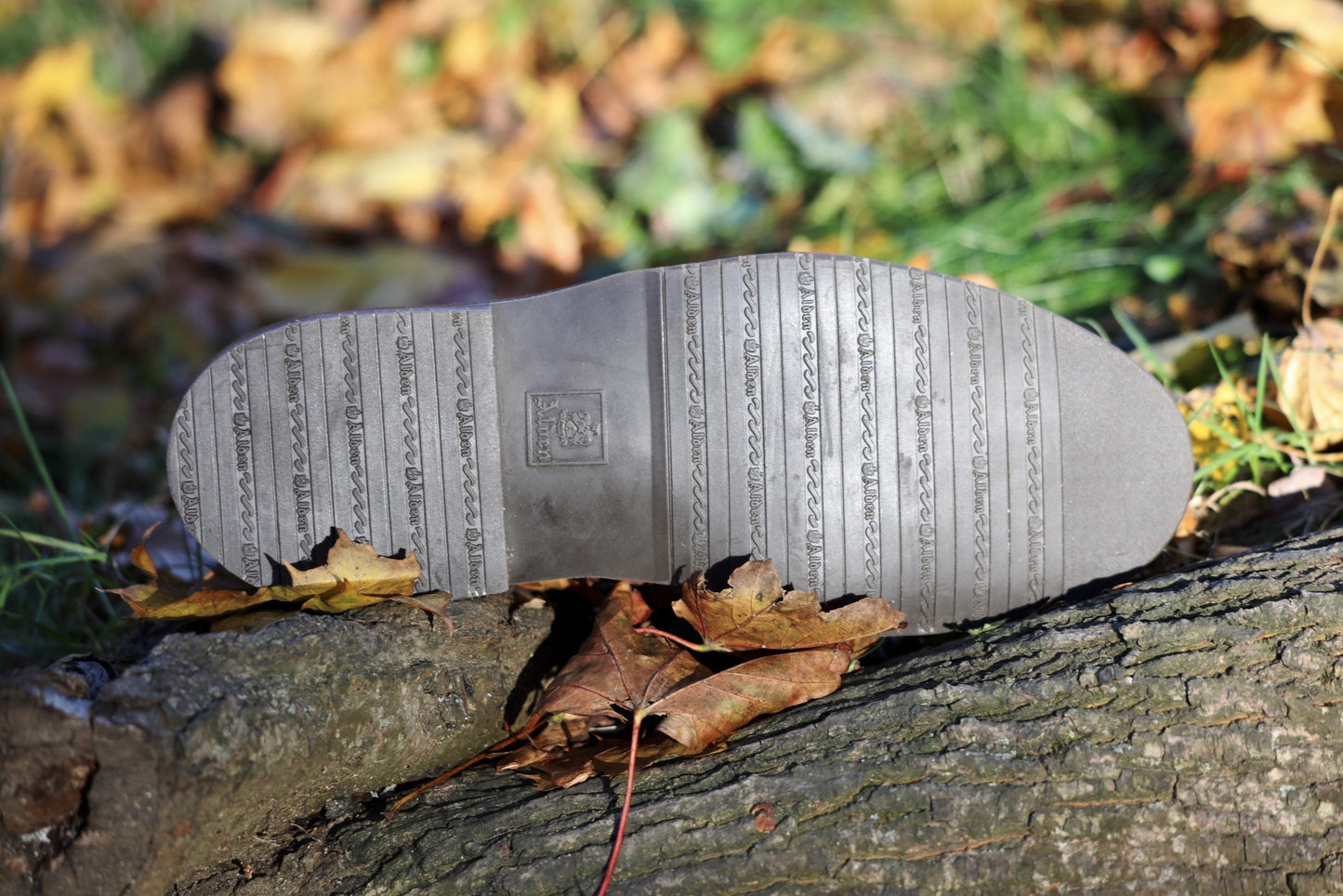 The Alden Madison 1593L Chukka Boot with L3 Sole in Snuff Suede is showcased on a fallen tree trunk among dried autumn leaves, set against a backdrop of blurred grass and more fallen leaves, emphasizing the natural outdoor setting.