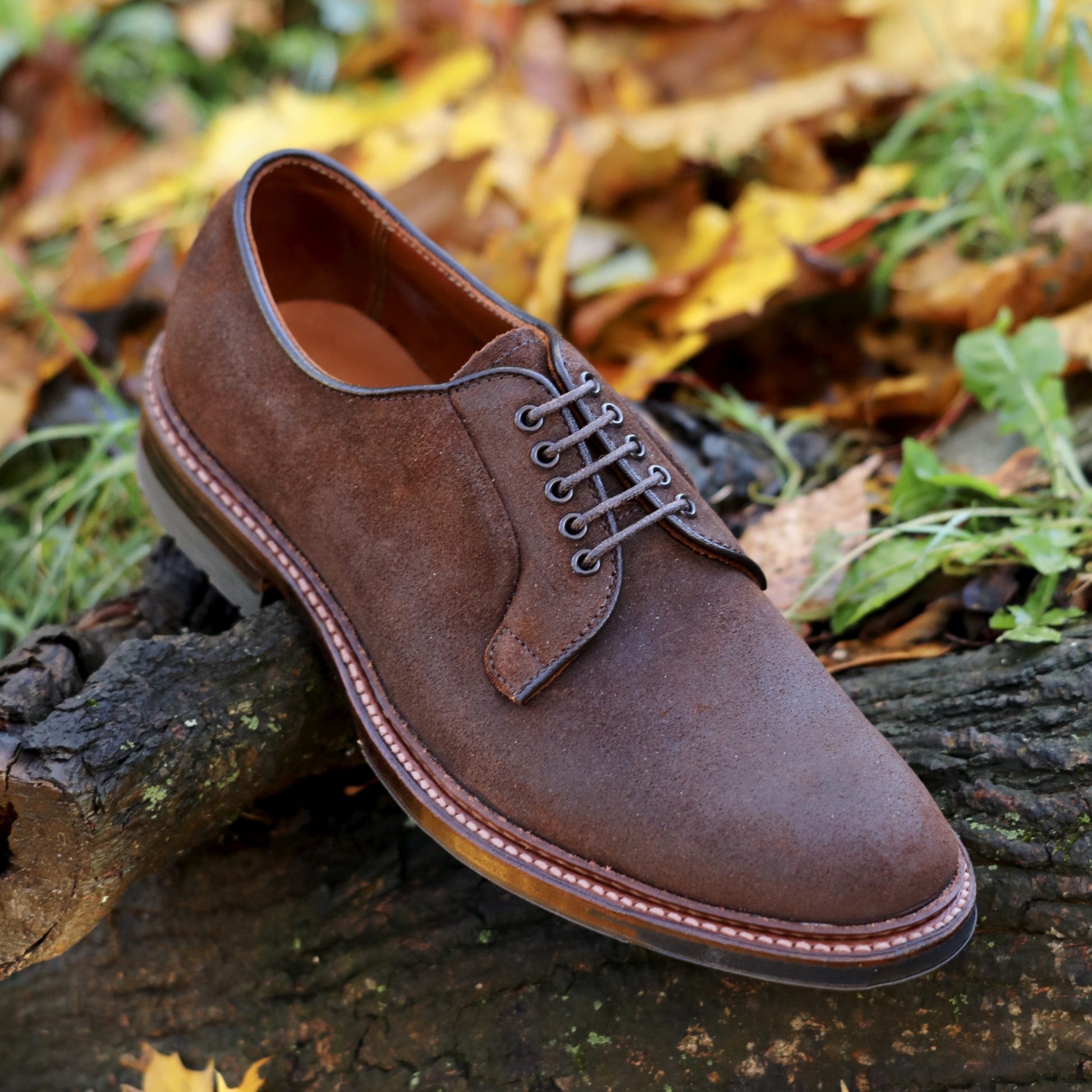 The Alden Madison 9474C Plain Toe Blucher in Tobacco Reverse Chamois, featuring laces and a rugged Commando Sole, is displayed outdoors on a log amid fallen yellow and brown autumn leaves.